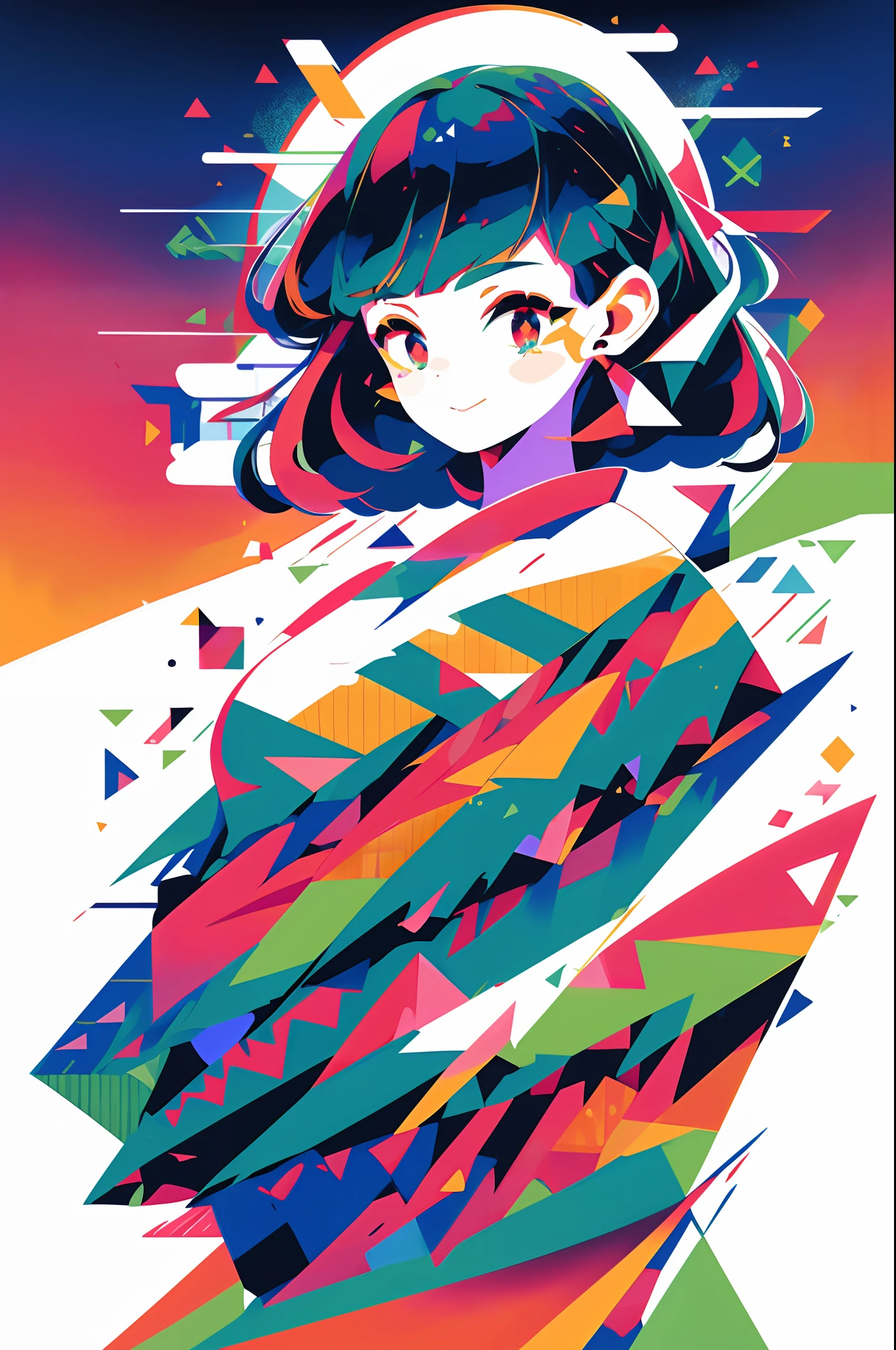 In Sticker style、Geometric pattern background,A woman, blue green hair, Red eyes, Smile, Angel wings, Golden halo, White dress, Standing upright, In outer space, galaxy in background, stars in the distance, Upper body