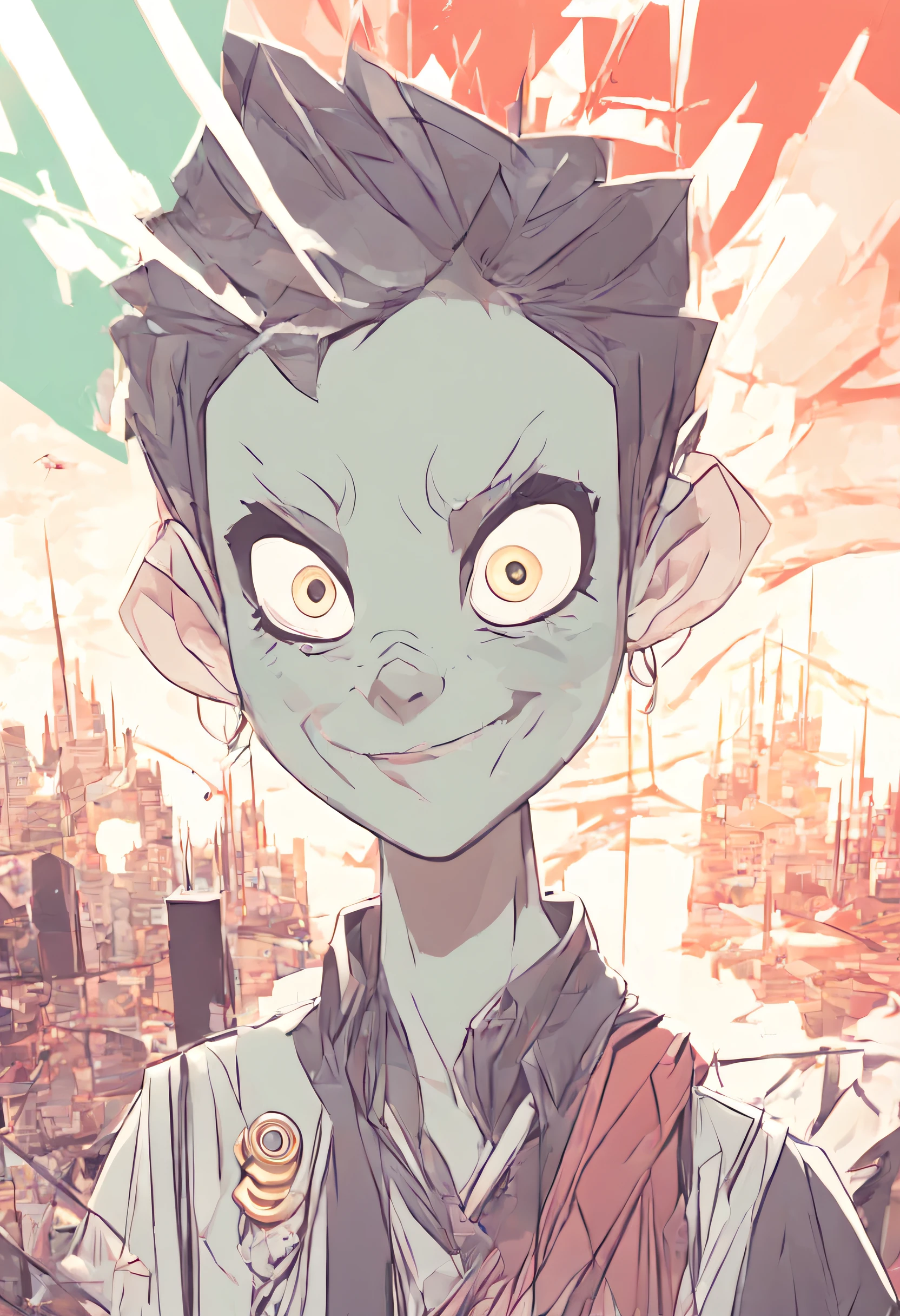 In Sticker style、Geometric pattern background,(Masterpiece, Beautiful, A high resolution), illustration, 1boys, Solo, (((Cartoon style: 1))), (western cartoon), Horned demon boy, Portrait, Smiling, Short hair in black anime, Cute, Pink lips, Red eyes, Young person, cyberpunk streetwear, Rainy sky, Cityscape, Red-toned skin, view the viewer, Bright colors, Daytime, ((frontage: 3)), Closed mouth, thick lineart: 0.6, Red eye, green-eyed, Smug, Slender eyes