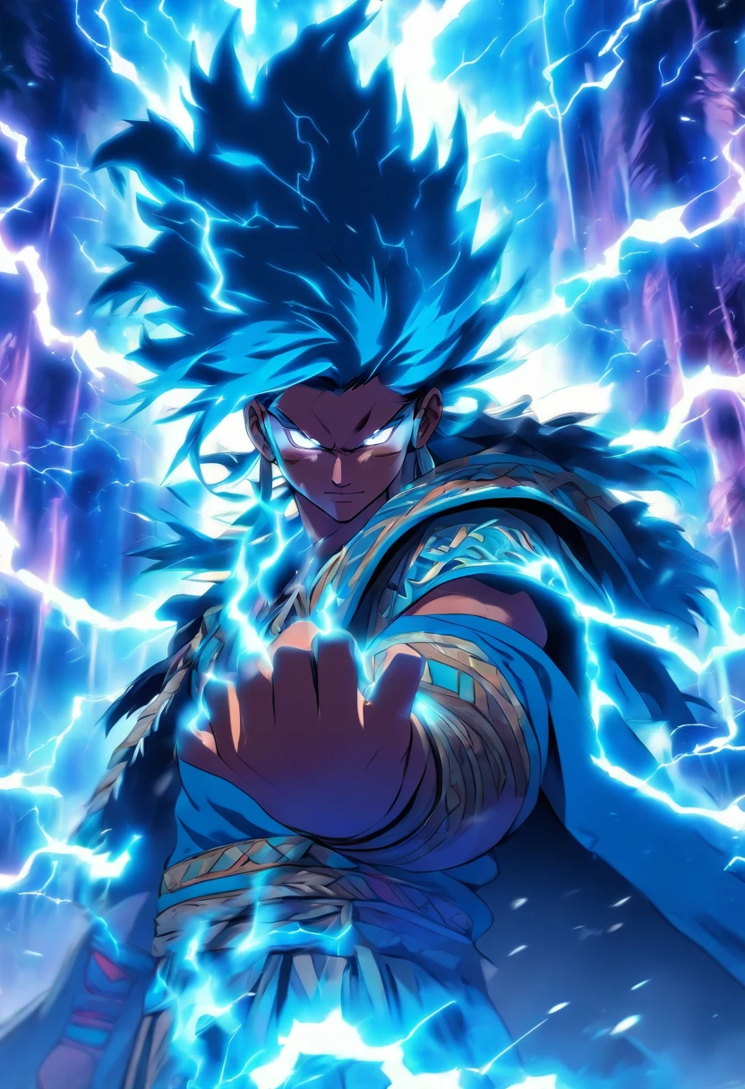 (((Peruvian man))) best quality, very high resolution, detailed CG in 4K, masterpiece, man, storm, blue thunder, Inca people, Inca tribes, Inca city, forest, aesthetics, beautiful image, centered on the screen, whole body