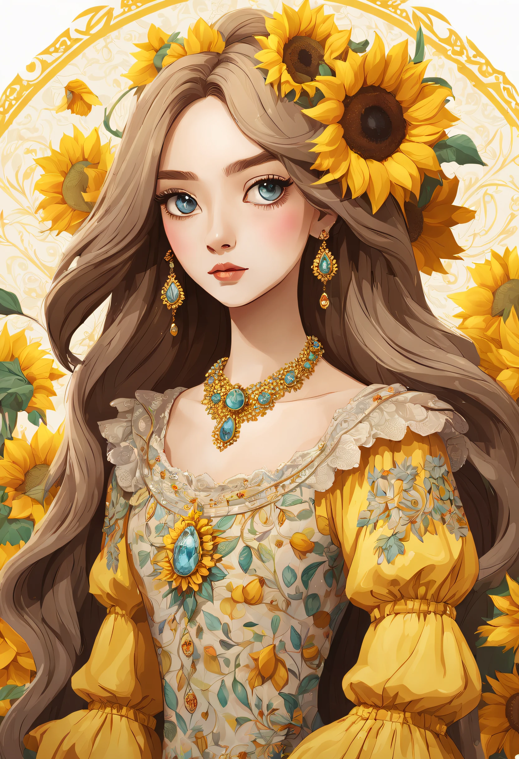 In Sticker style、Geometric pattern background，(  absurderes , High quality , Ultra detailed ) ,( Hand drawn details ) , 1girll, Solo, mature, Very long hair, Sunflower seed hair , Beautiful crystal eyes ( eye detailed ) baroque, necklace, Long dress, longer sleeves, elegant, Colorful, highest details, Upper body , With rivers and sunflowers