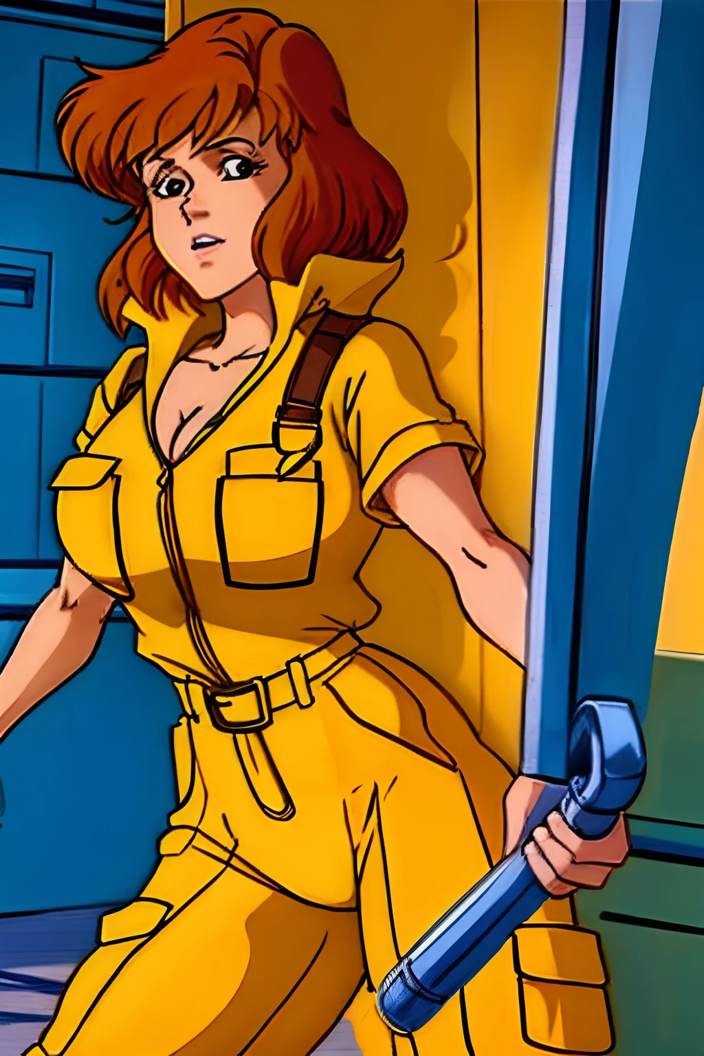 April O'Neill, 1980s, Anime style, 1girl, brown hair, orange hair, retro artstyle, Short hair, 独奏, Yellow jumper suit, Overalls on the hips, big_, cleavage, Huge_muscle