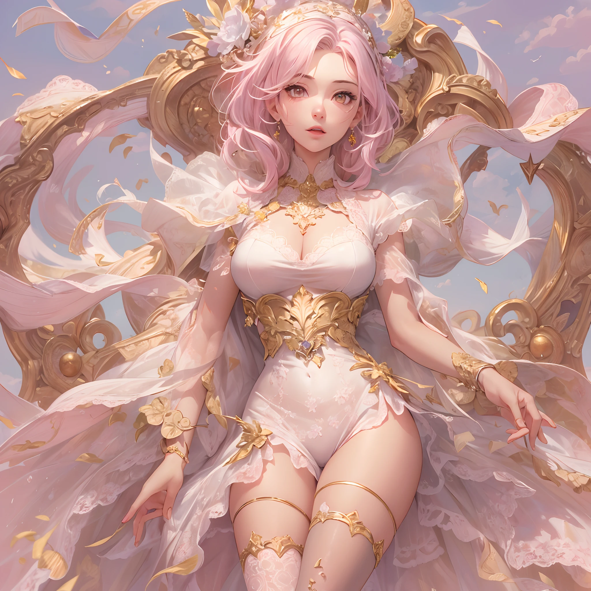 ((Masterpiece, Highest quality)), Detailed face, CharacterDesignSheet, full bodyesbian, Full of details, Multiple poses and expressions, Highly detailed, Depth, Many parts,1girll,Gold and pink,Floating in the sky,Cloud Girl,clouds,ogle,Extremely beautiful,brightly,Natural light, Lace,lacepantyhose,