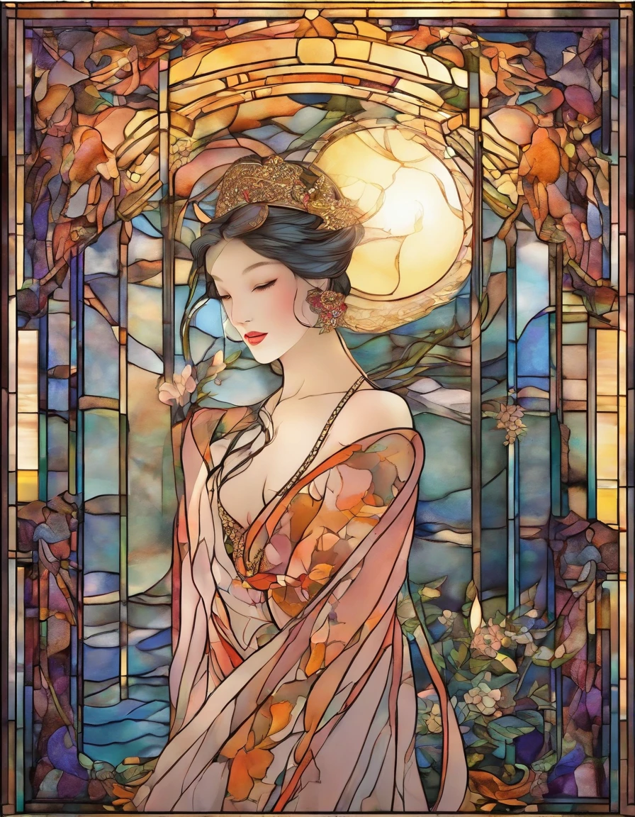 The art depicts a charming woman dressed in a flowing, oriental transparent dress, decorated with sexy patterns and bright colors. Showing small round ass, Her transparent dress drapes elegantly over her curvy figure, accentuating her seductive silhouette. She stood gracefully in the quiet moonlit night, bathed in the soft glow of the moonlight. The scene exudes an ethereal and dreamy atmosphere, with a touch of mystery and sexiness. The graphic style blends watercolor and digital illustration techniques to evoke a refined beauty and charm. The lights are filled with soft moonlight, casting soft highlights and shadows on her charming features. Bare buttocks, three-dimensional facial features, lying on bed, clear eyes, topless, visible,full body,