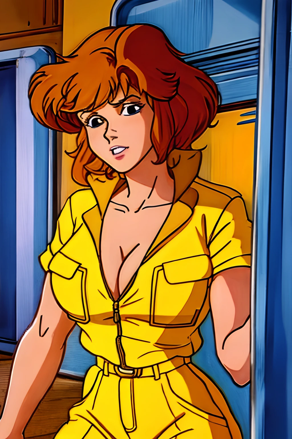 April O'Neill, 1980s, Anime style, 1girl, brown hair, orange hair, retro artstyle, Short hair, 独奏, Yellow jumper suit, Overalls on the hips, big_, cleavage, Huge_muscle