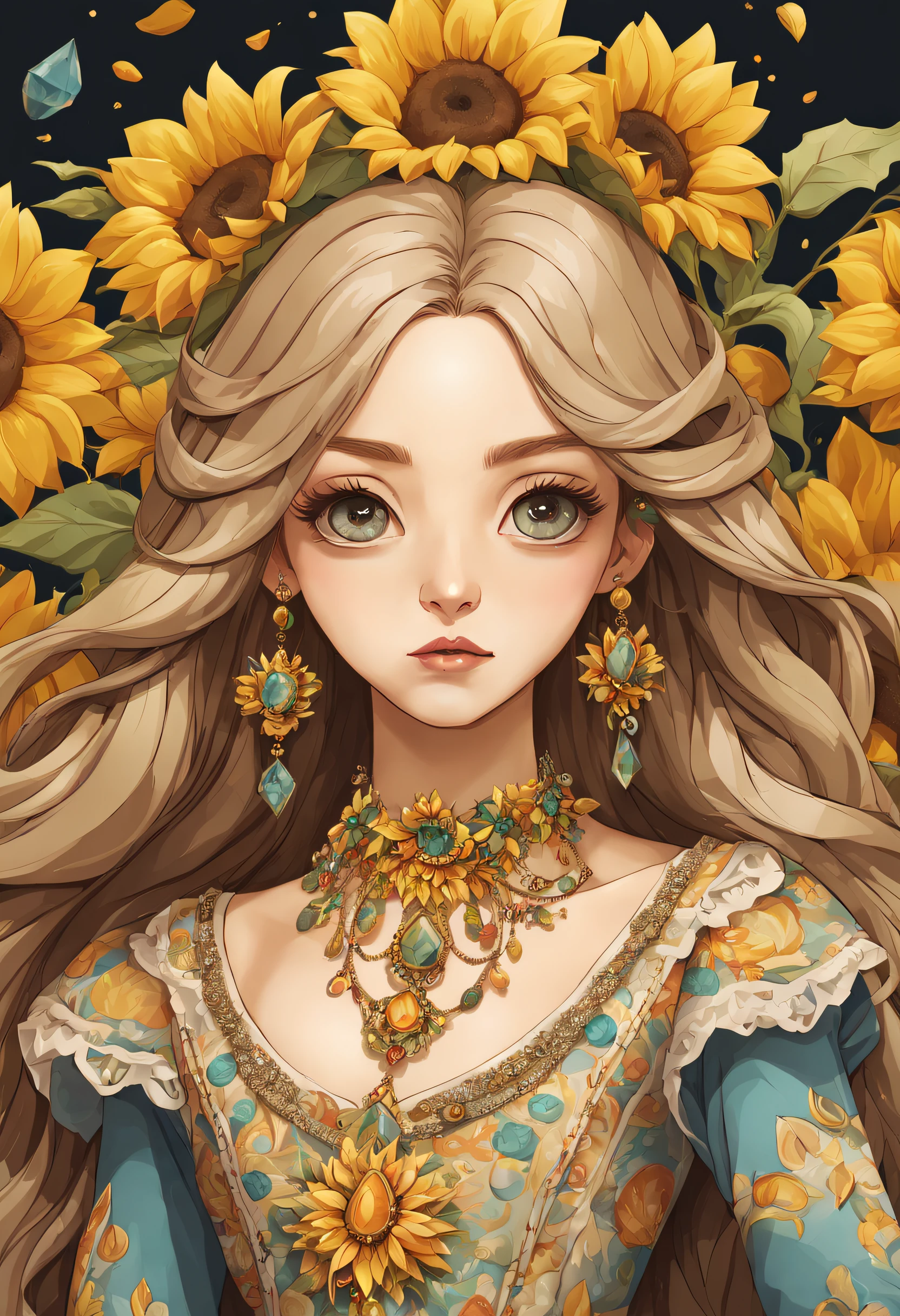 In Sticker style、Geometric pattern background，(  absurderes , High quality , Ultra detailed ) ,( Hand drawn details ) , 1girll, Solo, mature, Very long hair, Sunflower seed hair , Beautiful crystal eyes ( eye detailed ) baroque, necklace, Long dress, longer sleeves, elegant, Colorful, highest details, Upper body , With rivers and sunflowers