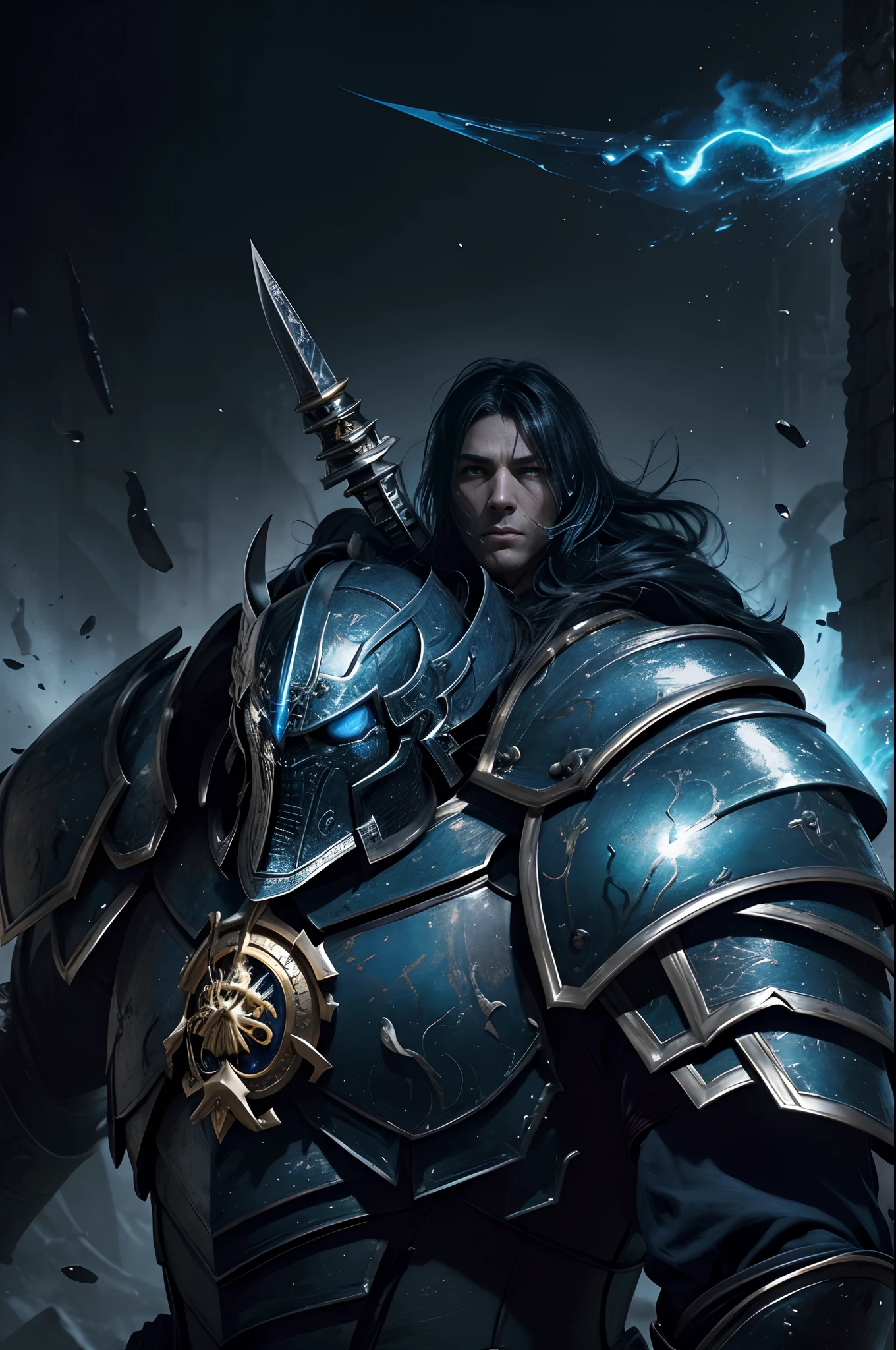 8K分辨率(full bodyesbian:1.3)shots、splashart、Fantastic Comics Styles、Photorealistic and intense look、Anatomical photorealistic digital painting(lad:1.3)Human portrait(lad:1.3)Blue and black complex(heavily armored:1.3)and blue hair(Dark and moody universe:1.3)、Armament of long large spears,Bright particles、highlydetailed skin、swordsmen、extremely detailed eye、(Elden Ring-style:1.1)、(warhammer style:1.3)、Concept Artist、globalillumination、depth of fields、splashart、Art Germ and Gregglutkowski and Victoria Gavrilenko