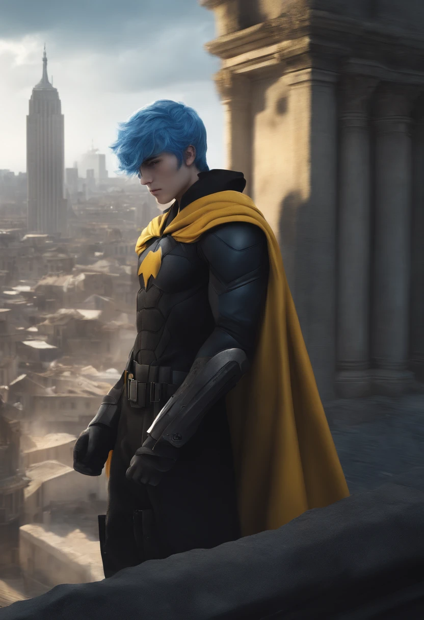 A 15-year-old man，Blue hair and black eyes, Wearing a black superhero costume similar to a spy uniform，Cloaked in tattered yellow cloak, A cloud of shadows appeared behind him, He leaned his back against the top of a building，Looking at a city in ruins, anime big breast, novel cover