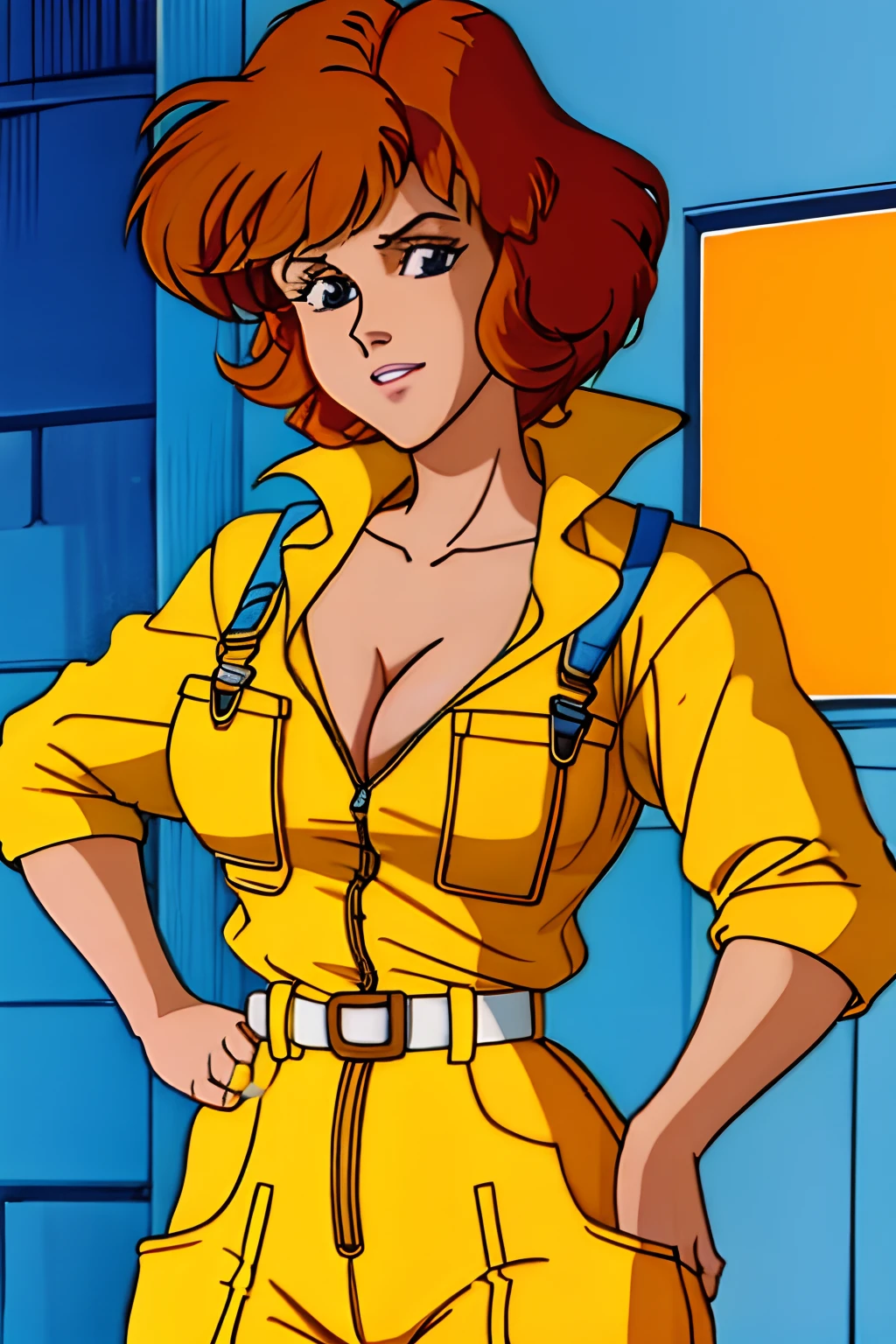 April O'Neill, 1980s, Anime style, 1girl, brown hair, orange hair, retro artstyle, Short hair, 独奏, Yellow jumper suit, Overalls on the hips, big_, cleavage, Huge_muscle