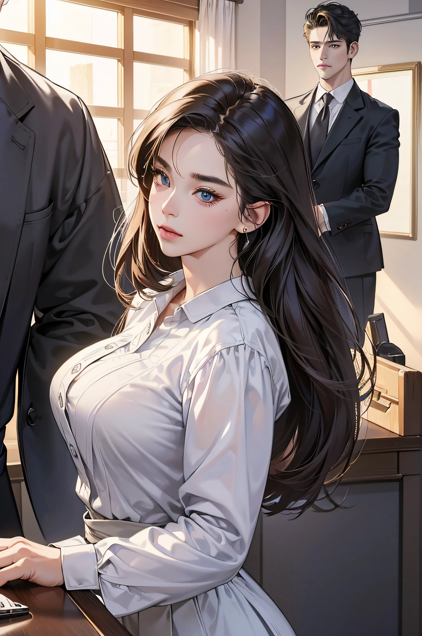 (masterpiece, digital art, digital illustration, 4K, 8K, ultra-detailed, beautiful image, sharp image, photorealistic, RAW photo, perfect face, perfect lines, perfect eyes, soft lighting) 1 woman, secretary, bowing in greeting to the boss, 1 handsome man in suit, office scene at night