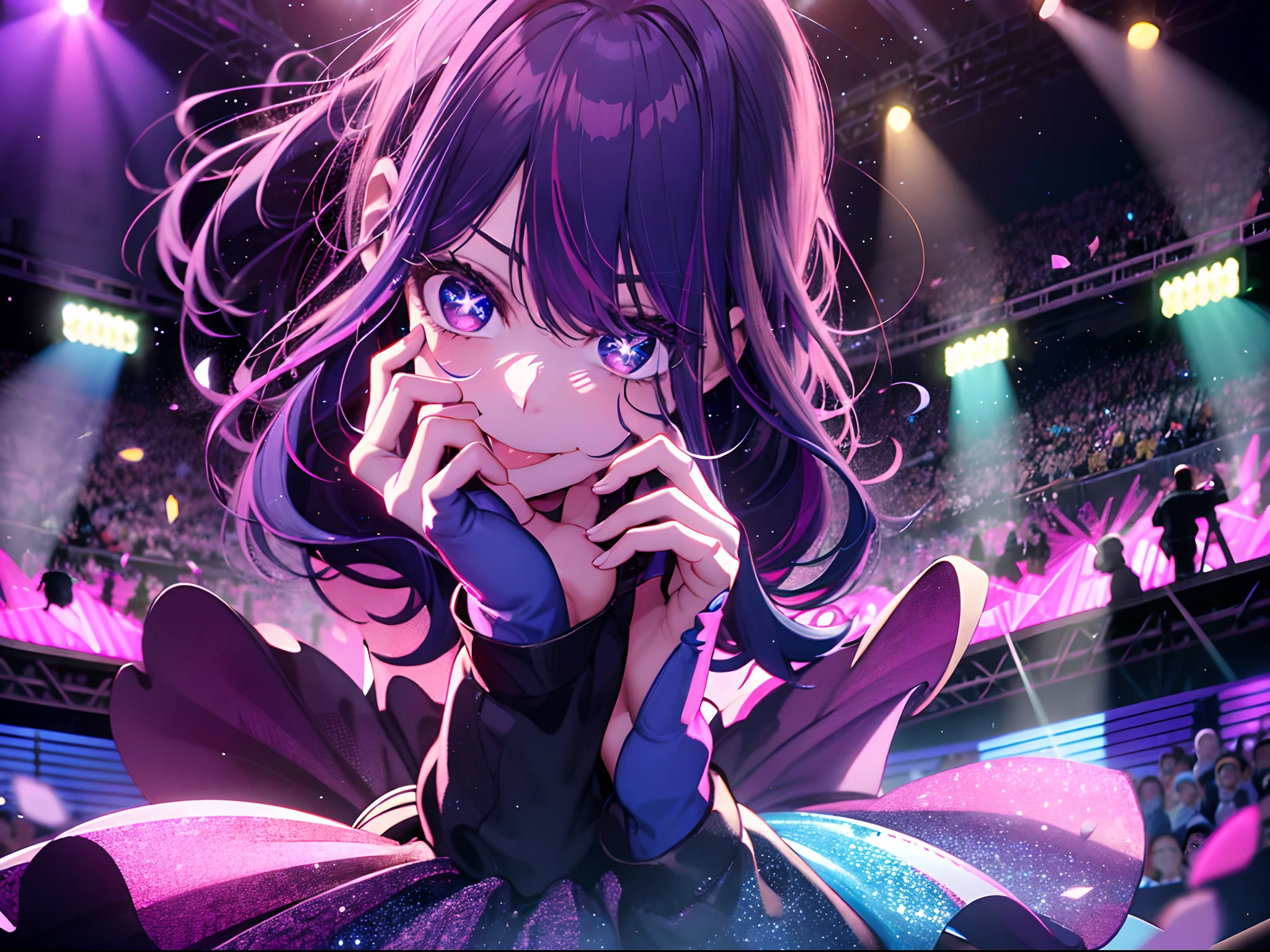 "Masterpiece, Intricate details, Vibrant colors, (1 girl: 1.2), Charming idol，Striking purple hair and charming smile, Wear a charming pink dress decorated with stars, Charming starry eyes, Perform on a dazzling stage, Dance gracefully with a microphone, The audience cheered her on off stage,With seductive playfulness and a hint of tongue sticking out, in stunning 8K resolution."