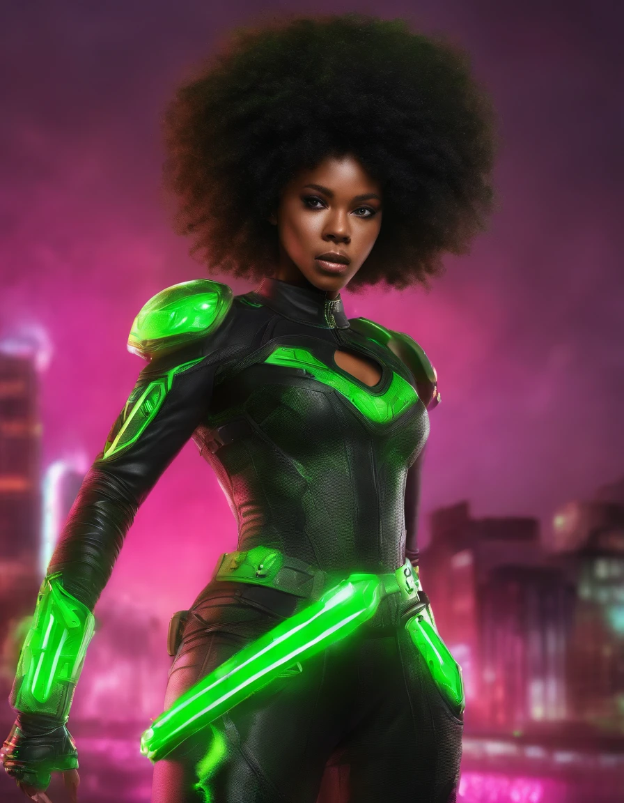 Give me a black girl with a big Afro  bright green eyes   black and neon green  super hero suit with green fire powers she’s about 13 like me her name is Niya she’s 5,3