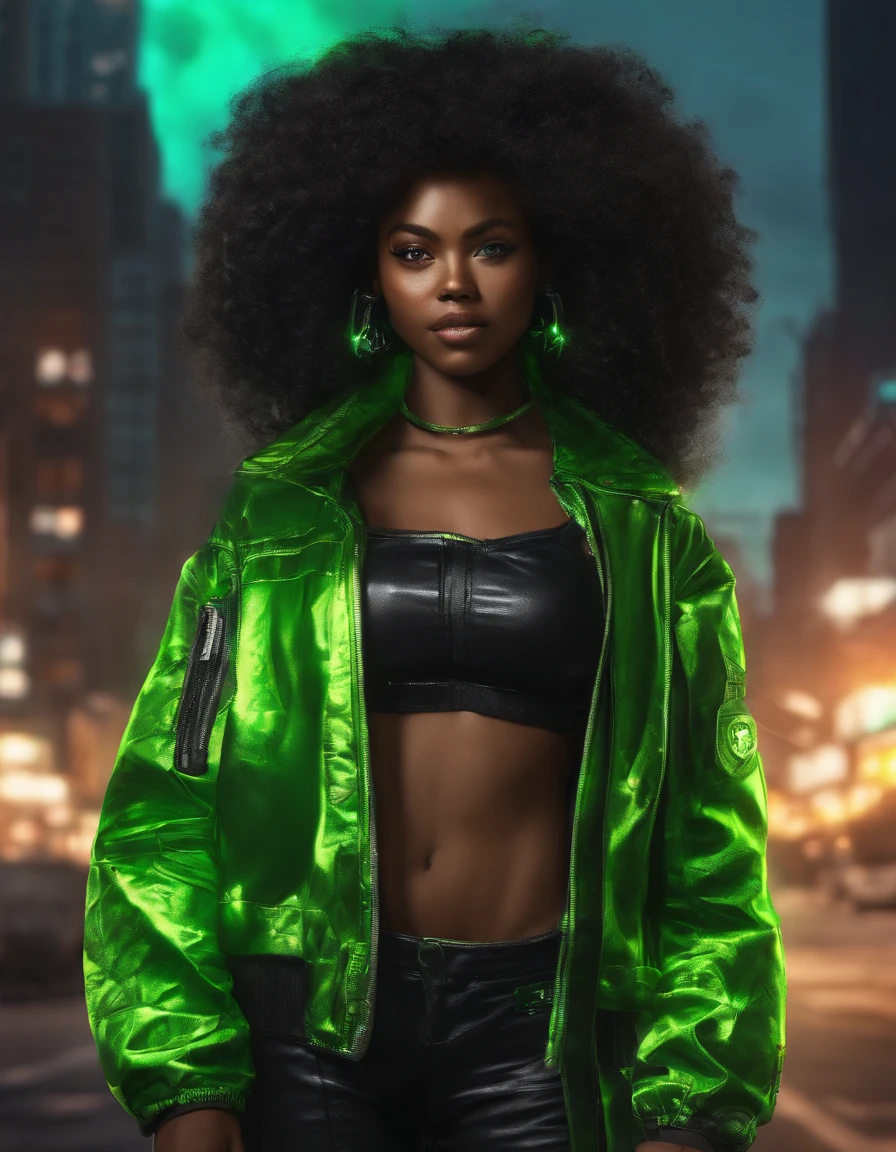 Give me a black girl with a big Afro bright green eyes black and neon green super hero suit with green fire powers she’s about like me her name is Niya she’s 5,3