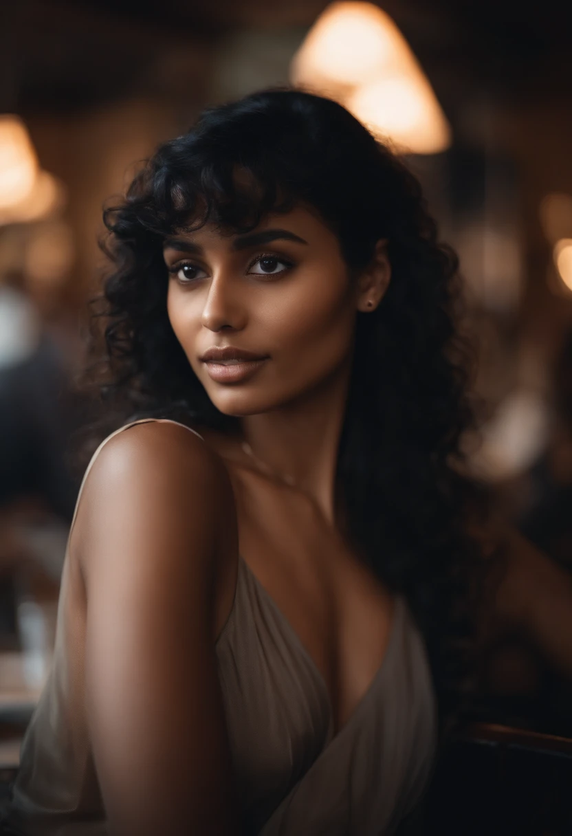 wearing one piece, in a cafe, closeup shot, full body, (high detailed skin:1.2),extremely detailed, 22 year old woman, 8k, with a man, High Detail, Sharp focus, modelshot, standing, black hair, indian woman
