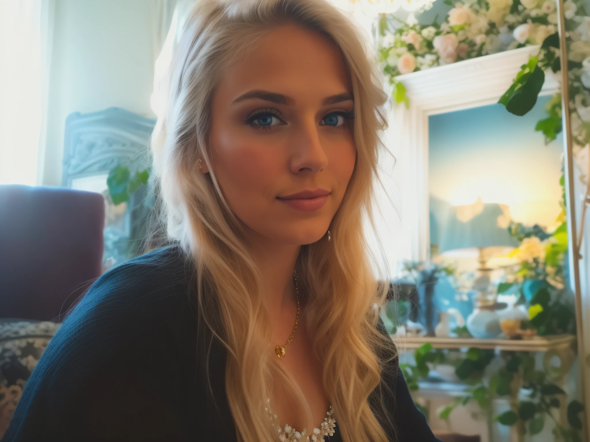(best quality,4k,8k,highres,masterpiece:1.2),ultra-detailed,(realistic,photorealistic,photo-realistic:1.37),portrait,blonde girl with blue eyes and long blonde hair,blond Swedish woman,necklace,chains,belt,hair tousled,sheen on the skin,head slightly tilted,expressive eyes,soft and glossy lips,delicate facial features,natural blush on cheeks,smoky eye makeup,slender neck,perfectly manicured nails,European-style room,sunlight streaming through the window,soft shadows,dusty pink curtains,brown wooden furniture,antique mirror,floral wallpaper,vintage chandelier,ornate gold frame on the wall,carved wooden details on the furniture,polished wooden floor,subtle scent of roses in the air,vibrant colors,pastel color palette,dreamy atmosphere,gentle lighting,subdued highlights and shadows,gorgeous golden hour effect,artistic brush strokes,realistic textures,crisp details,high-resolution image,professional photography techniques