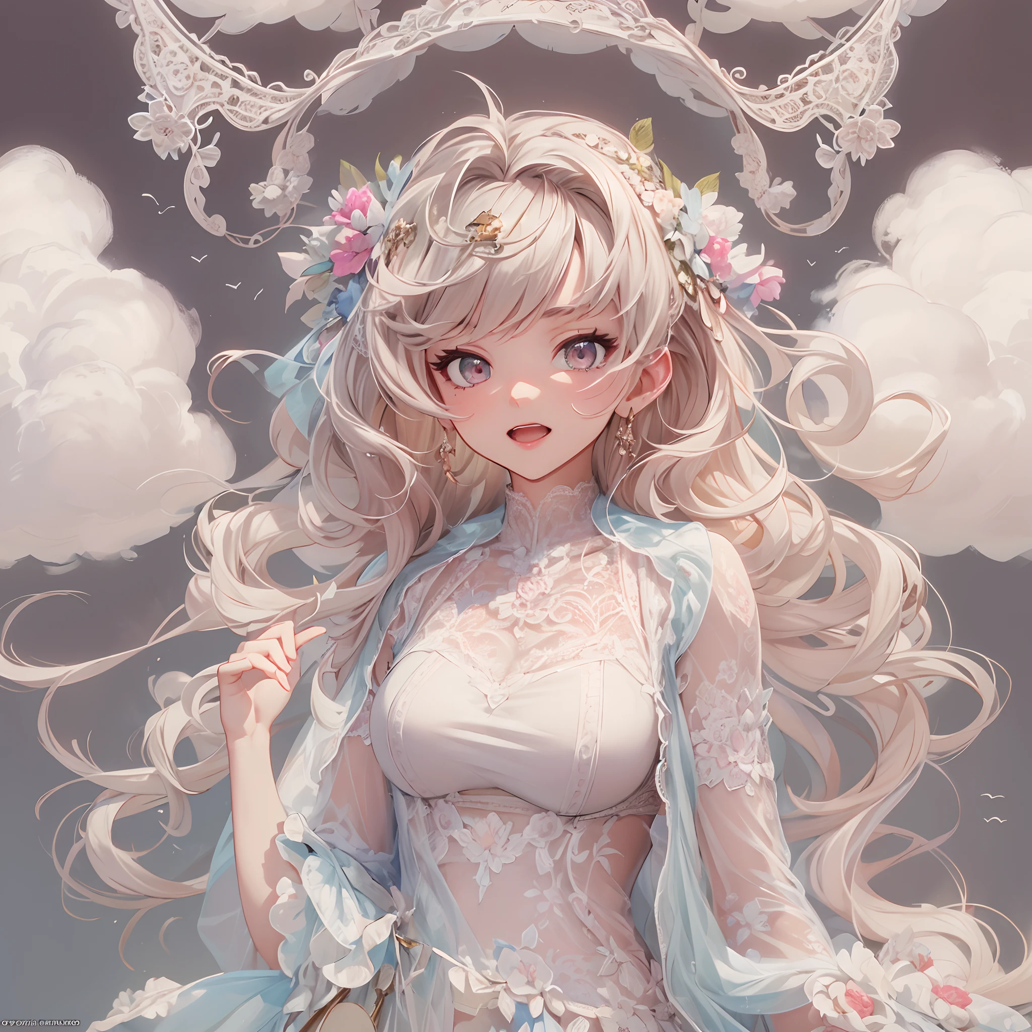 ((Masterpiece, Highest quality)), Detailed face, CharacterDesignSheet, full bodyesbian, Full of details, Multiple poses and expressions, Highly detailed, Depth, Many parts,1girll,Floating in the sky,Cloud Girl,clouds,ogle,Extremely beautiful,brightly,Natural light, Lace,lacepantyhose,