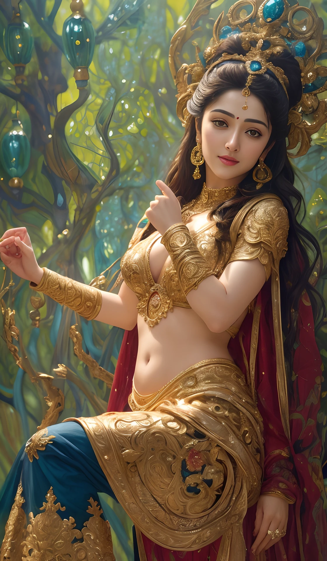 Face mix of Anushka Shetty and Nayanthara, a masterpiece ultrarealistic ultradetailed portrait of a beautiful girl in incredible goledn armor. baroque renaissance. in forest. medium shot, intricate, elegant, highly detailed. trending on artstation, digital art, by stanley artgerm lau, wlop, rossdraws, james jean, andrei riabovitchev, marc simonetti, yoshitaka amano. background by james jean and gustav klimt, light by julie bell, 4 k, porcelain skin.