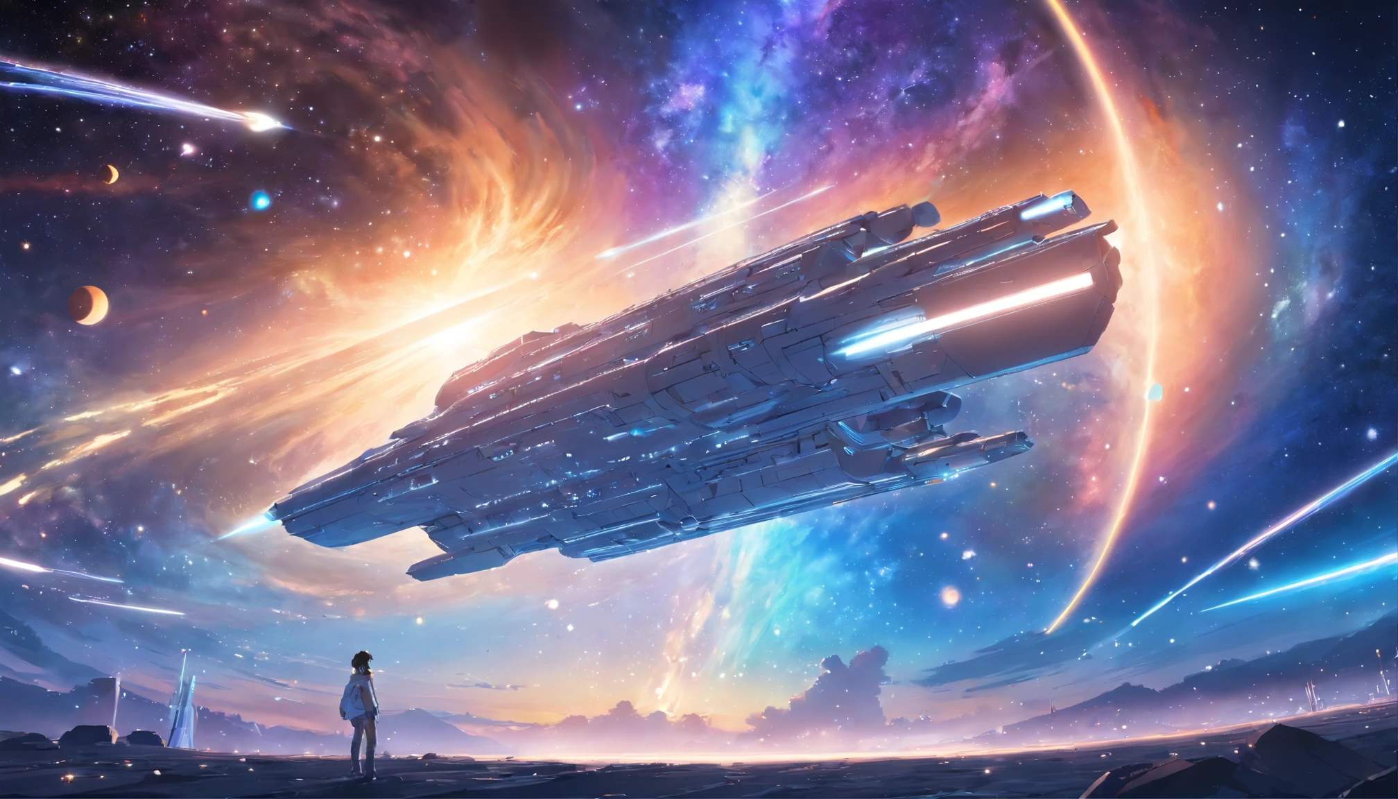 Universe, galaxy, deep space, interstellar spaceship (small), starlight, grand, deep, future technology, war, realism