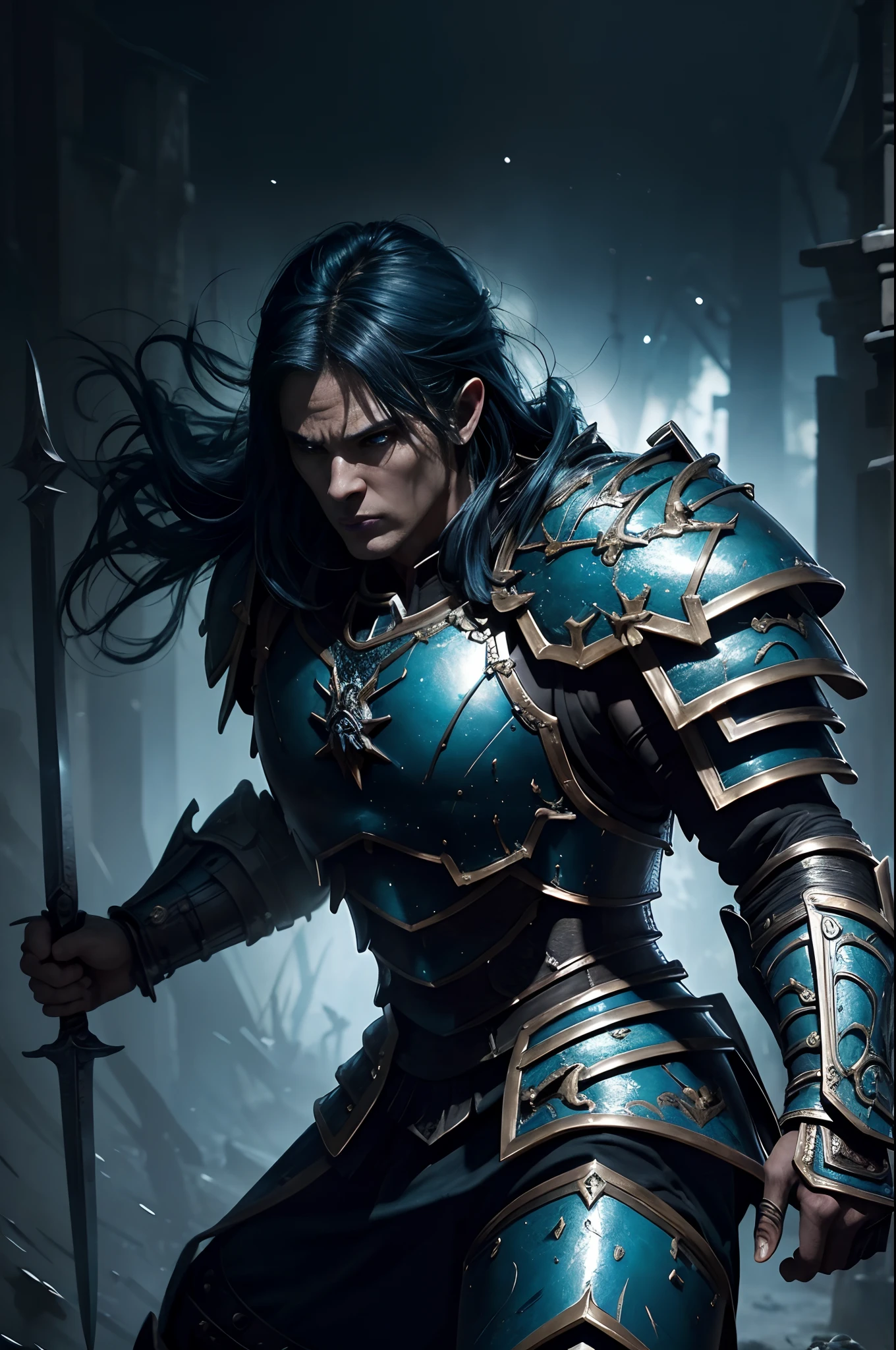 8K分辨率(full bodyesbian:1.3)shots、splashart、Fantastic Comics Styles、Photorealistic and intense look、Anatomical photorealistic digital painting(lad:1.3)Human portrait(lad:1.3)Big muscular woman,Blue and black complex(heavily armored:1.3)and blue hair(Dark and moody universe:1.3)、Armament of long large spears,Bright particles、highlydetailed skin、swordsmen、extremely detailed eye、(Elden Ring-style:1.1)、(warhammer style:1.3)、Concept Artist、globalillumination、depth of fields、splashart、Art Germ and Gregglutkowski and Victoria Gavrilenko