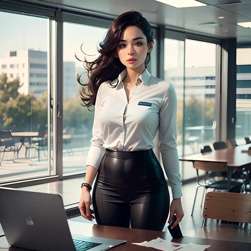 In a stylish and modern office environment, A slender Mexican woman with a natural and defined body poses for the camera. Her dark hair is tied up, and he wears dark glasses that give him a sophisticated air. Holds a tablet with confidence, while sensually biting a pencil.
