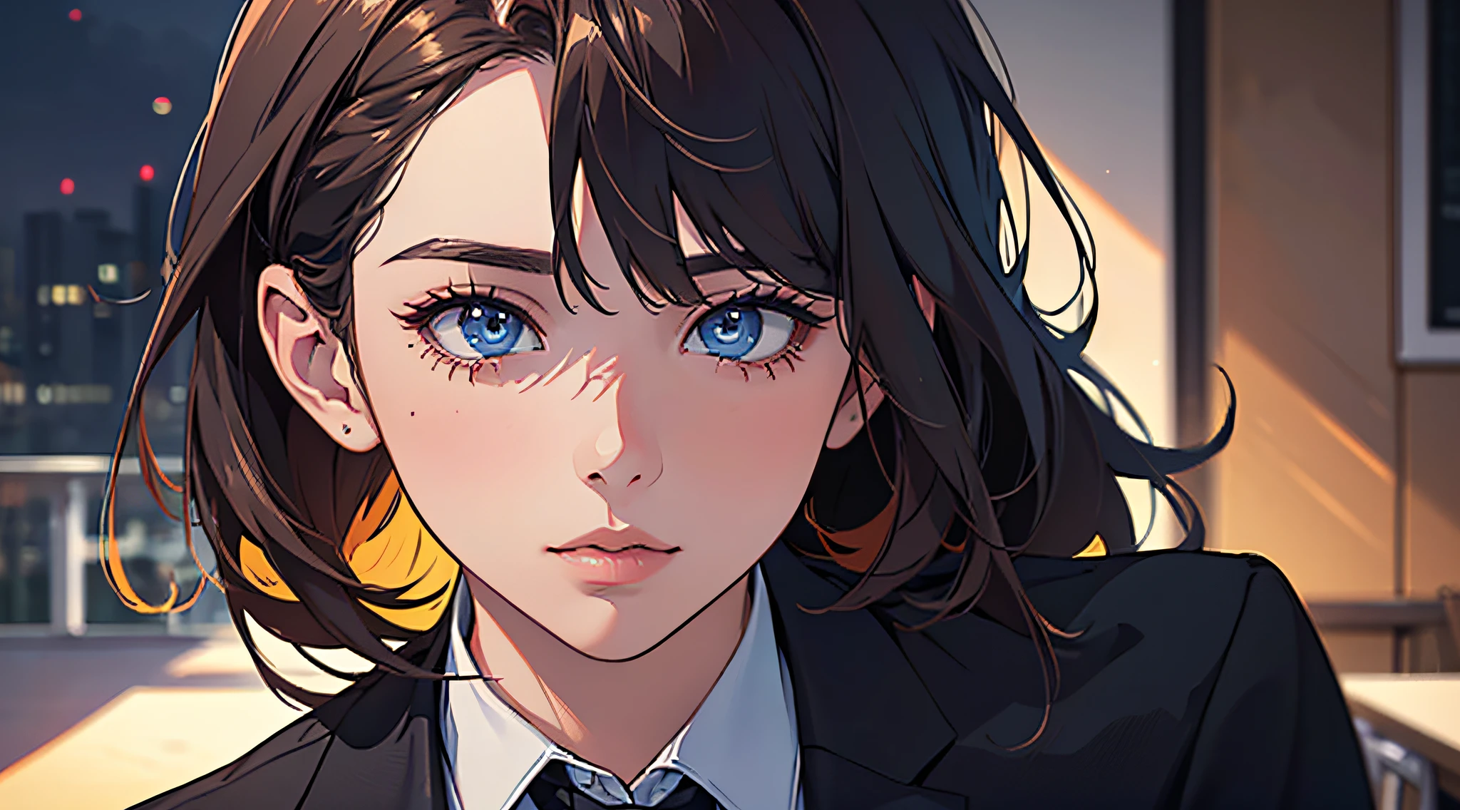 (masterpiece, digital art, digital illustration, 4K, 8K, ultra-detailed, beautiful image, sharp image, photorealistic, RAW photo, perfect face, perfect lines, perfect eyes, soft lighting) 1 woman, secretary, bowing in greeting to the boss, 1 handsome man in suit, office scene at night