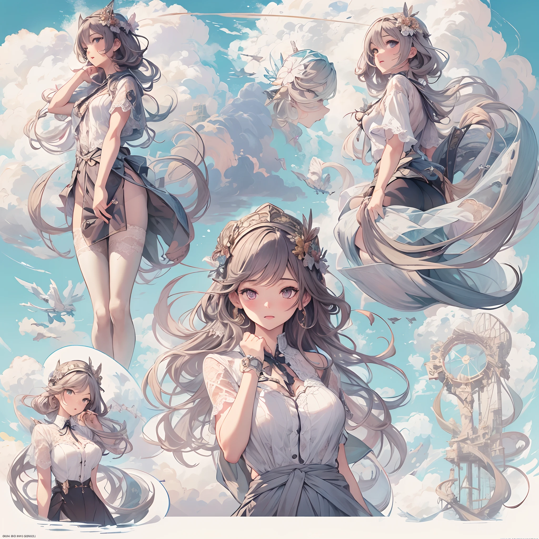 ((Masterpiece, Highest quality)), Detailed face, CharacterDesignSheet, full bodyesbian, Full of details, Multiple poses and expressions, Highly detailed, Depth, Many parts,1girll,Floating in the sky,Cloud Girl,clouds,ogle,Extremely beautiful,brightly,Natural light, Lace,lacepantyhose,