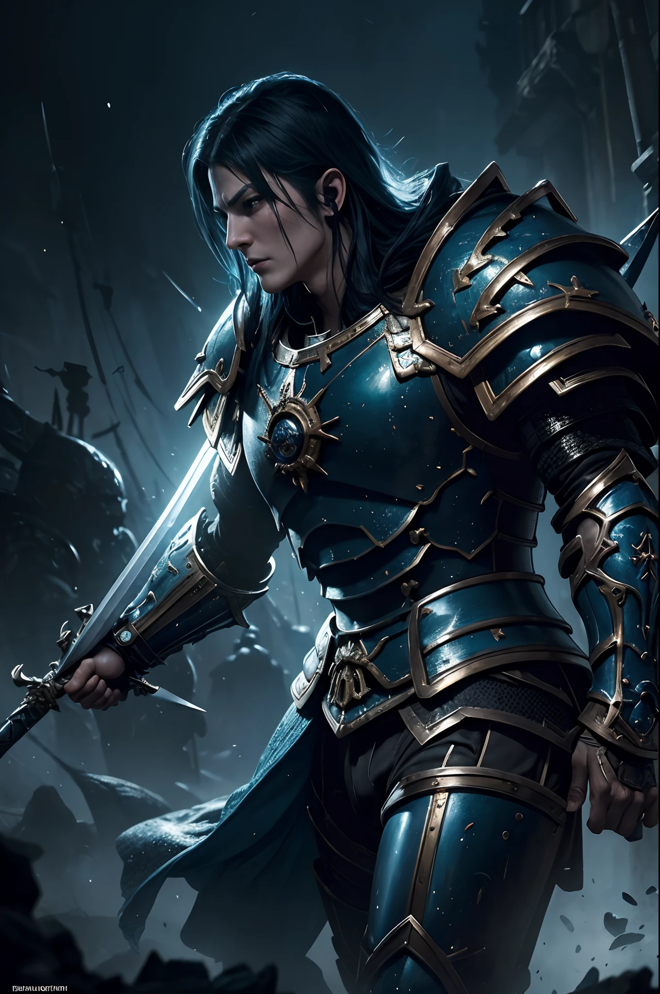 8K分辨率(full bodyesbian:1.3)shots、splashart、Fantastic Comics Styles、Photorealistic and intense look、Anatomical photorealistic digital painting(lad:1.3)Human portrait(lad:1.3)Big muscular woman,Blue and black complex(heavily armored:1.3)and blue hair(Dark and moody universe:1.3)、Armament of long large spears,Bright particles、highlydetailed skin、swordsmen、extremely detailed eye、(Elden Ring-style:1.1)、(warhammer style:1.3)、Concept Artist、globalillumination、depth of fields、splashart、Art Germ and Gregglutkowski and Victoria Gavrilenko
