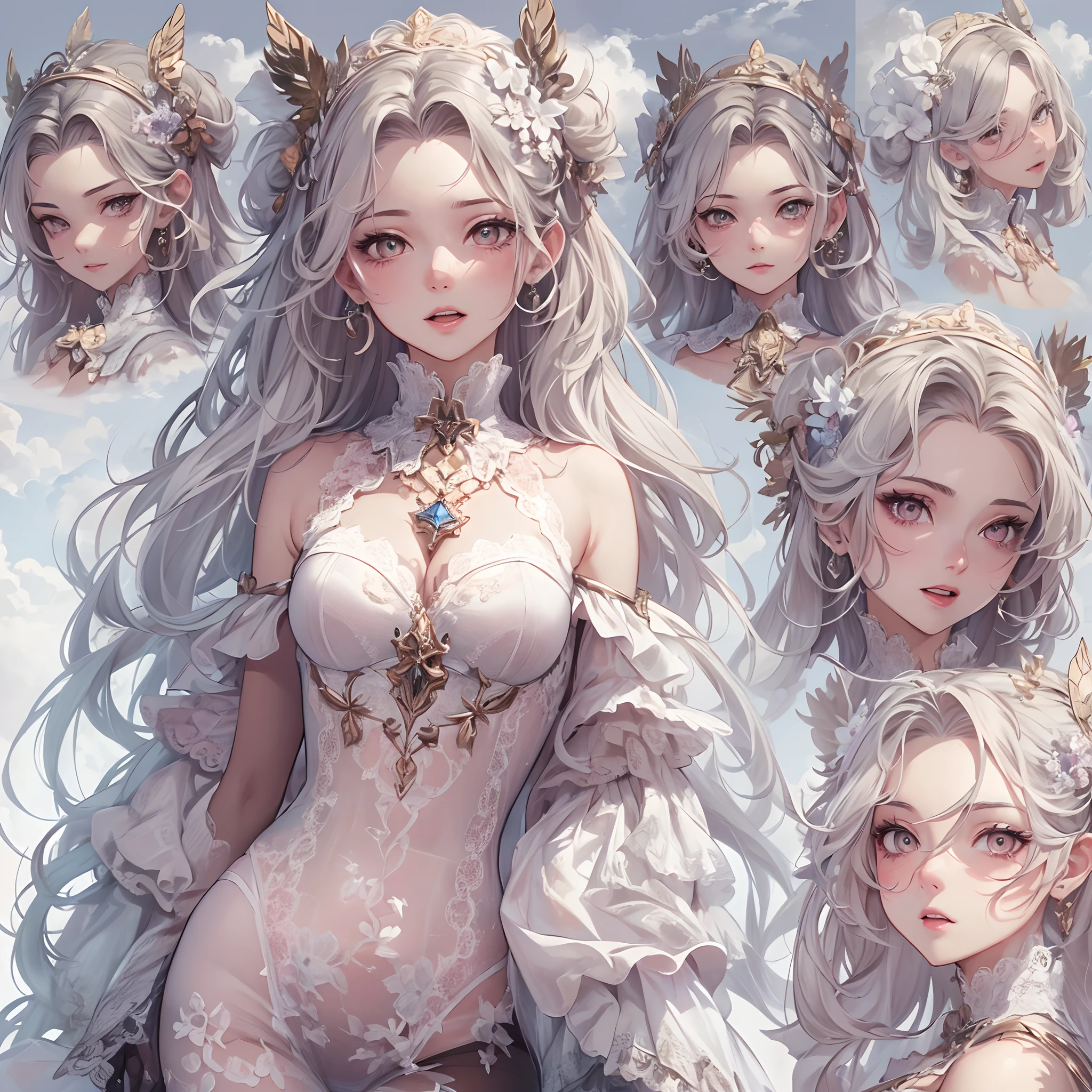 ((Masterpiece, Highest quality)), Detailed face, CharacterDesignSheet， full bodyesbian, Full of details, Multiple poses and expressions, Highly detailed, Depth, Many parts，1girll，Cloud Girl，​​clouds，ogle，Extremely beautiful，brightly，Natural light, Lace，lacepantyhose，