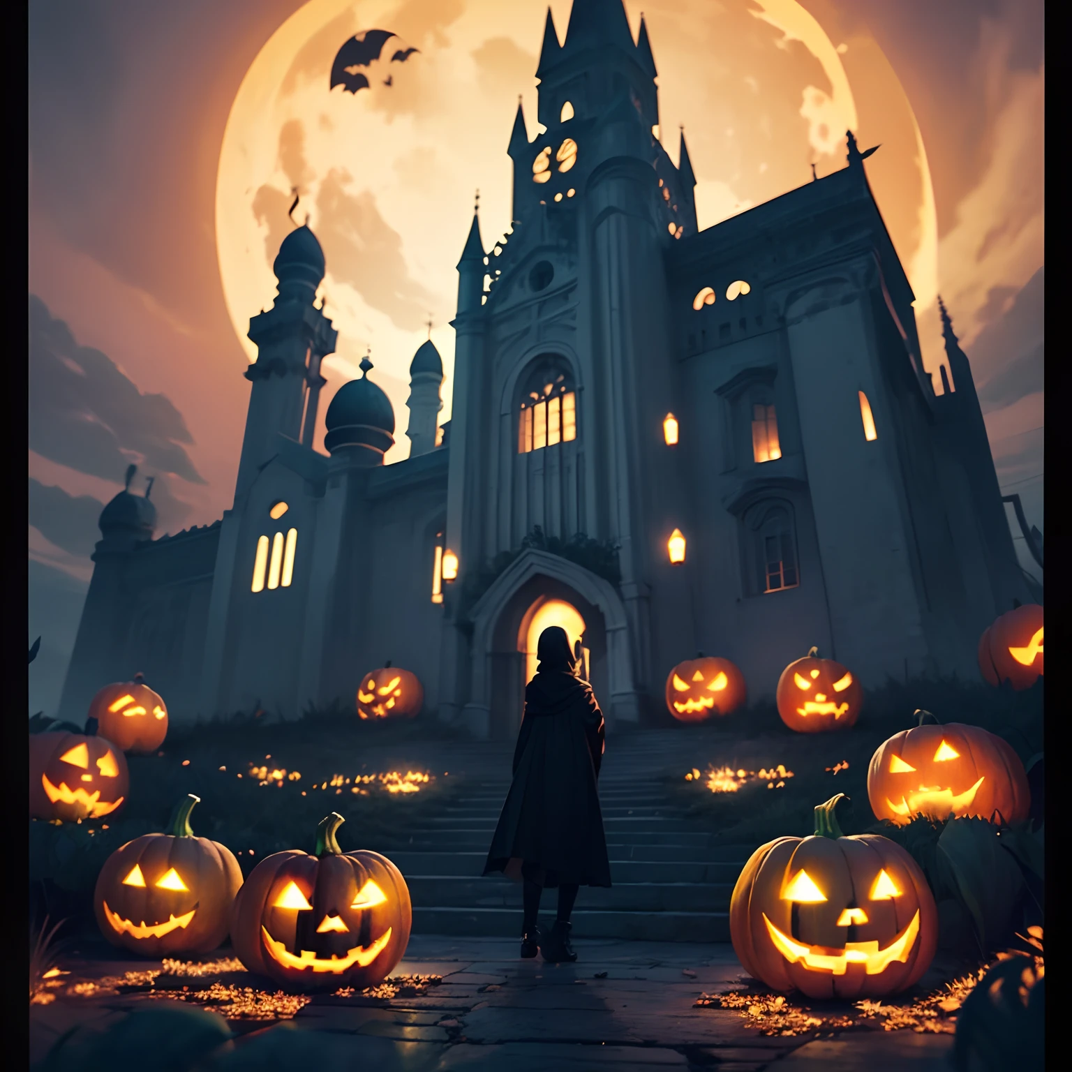 Floating lights of All Hallows' Eve, Cinematic light and reflection, Luces brillantes, Elementos intermedios del metaverso,Pintura digital, reflejos brillantes, Pensando, All Hallows' Eve jack-o'-lantern, Noche tranquila, Digital illustration, hermoso ambiente, Claraboya por la noche, Ambiente tranquilo por la noche, jack-o'-lantern, halloween, la noche, La Luna, La escena del jUEgo, halloween, Rodeado de nubes, Edificios en la Europa medieval, baldosas esmaltadas, UE, Gorgeous colors, Hay tres arcos en primer plano((tinta de color)), ( (salpicaduras de tinta ) ), ((salpicaduras de tinta) manchado de tinta})), tmasterpiece, alta quaridad, Beautiful graphics, Alto detalle