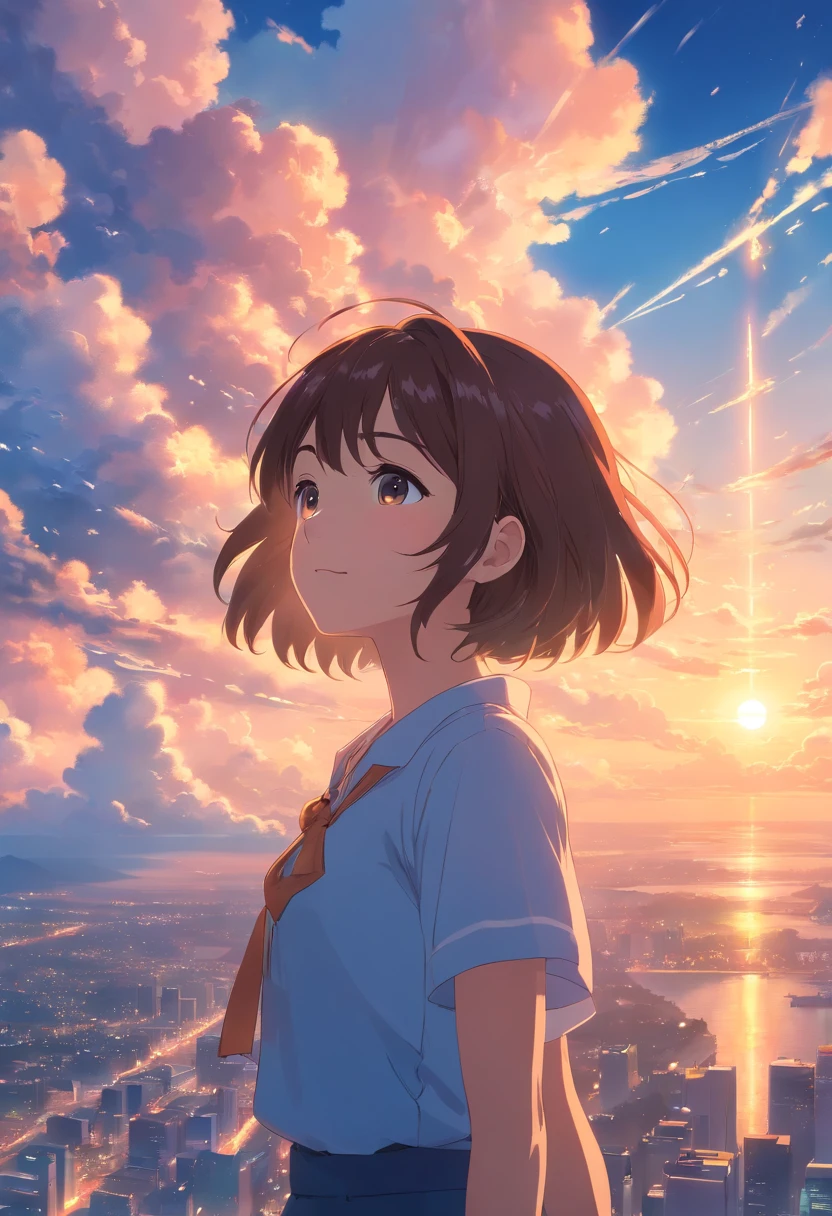 masterpiece, best quality, movie still, 1girl, cloud girl, floating in the sky, close-up, bright, happy, warm soft lighting, sunset, (sparks:0.7)