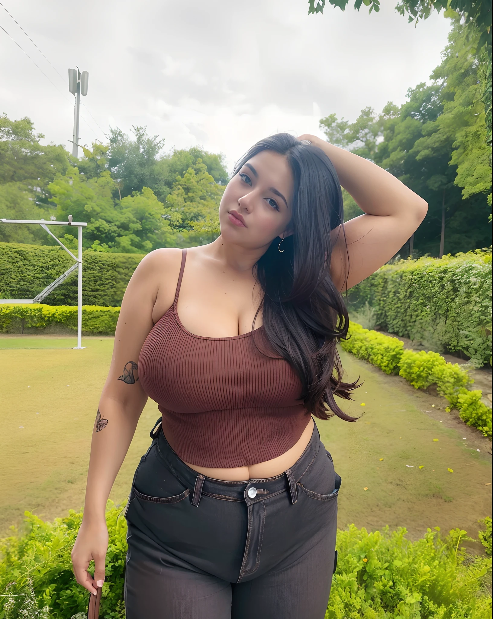 a woman in a brown top and jeans posing for a picture, thicc, she has a jiggly fat round belly, wearing crop top, sexy girl, wearing a sexy cropped top, profile pic, 2 2 years old, 3 0 years old woman, 30 years old woman, 21 years old, 2 7 years old, trending on bbwchan