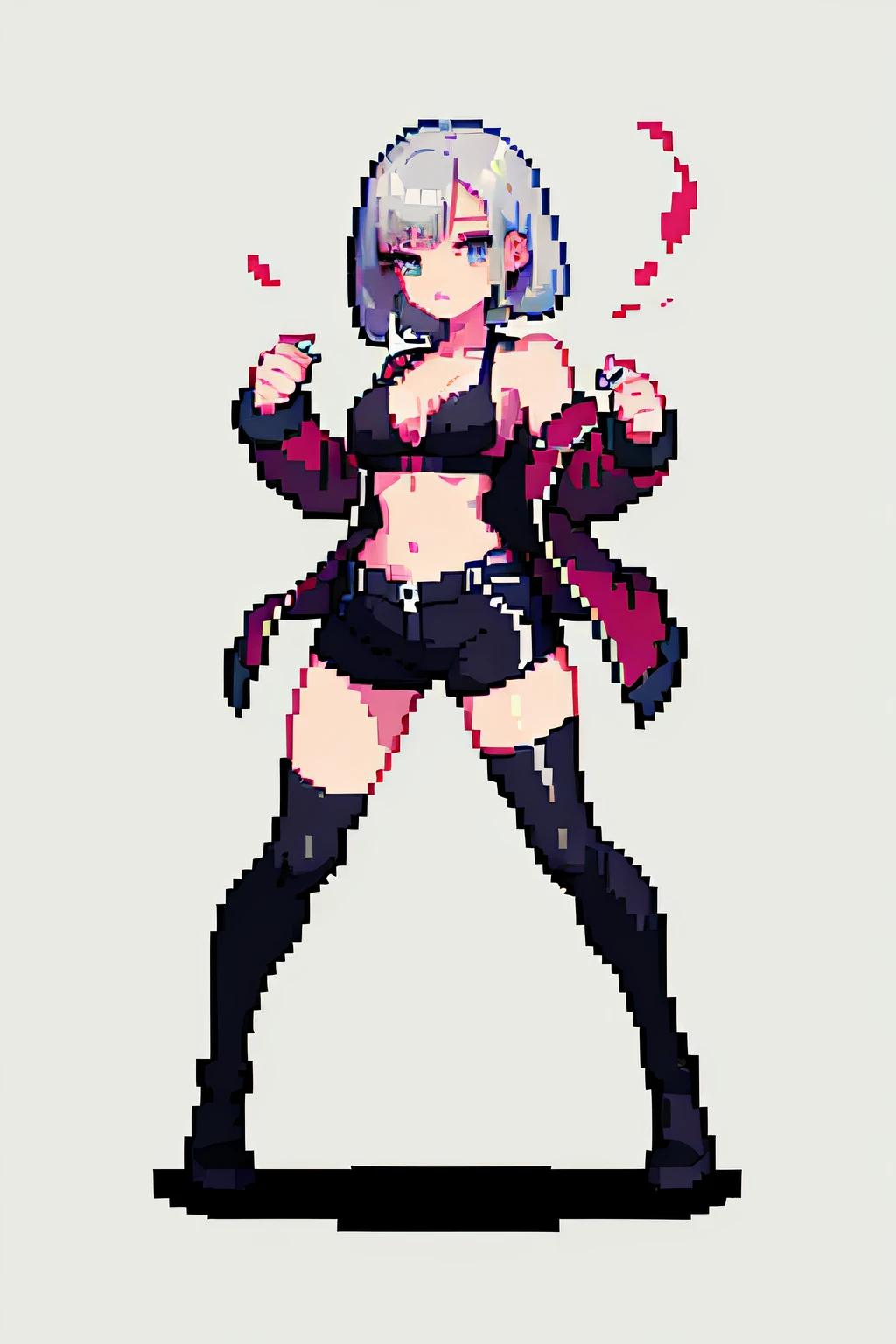 (masterpiece, top quality, best quality, less detail, 8-bit color), pixel,pixel art, 1girl,full body,attack pose, US style, poor jacket, game asset, silver hair, vampire element, bra on top, short pant, 2d top-down game style
