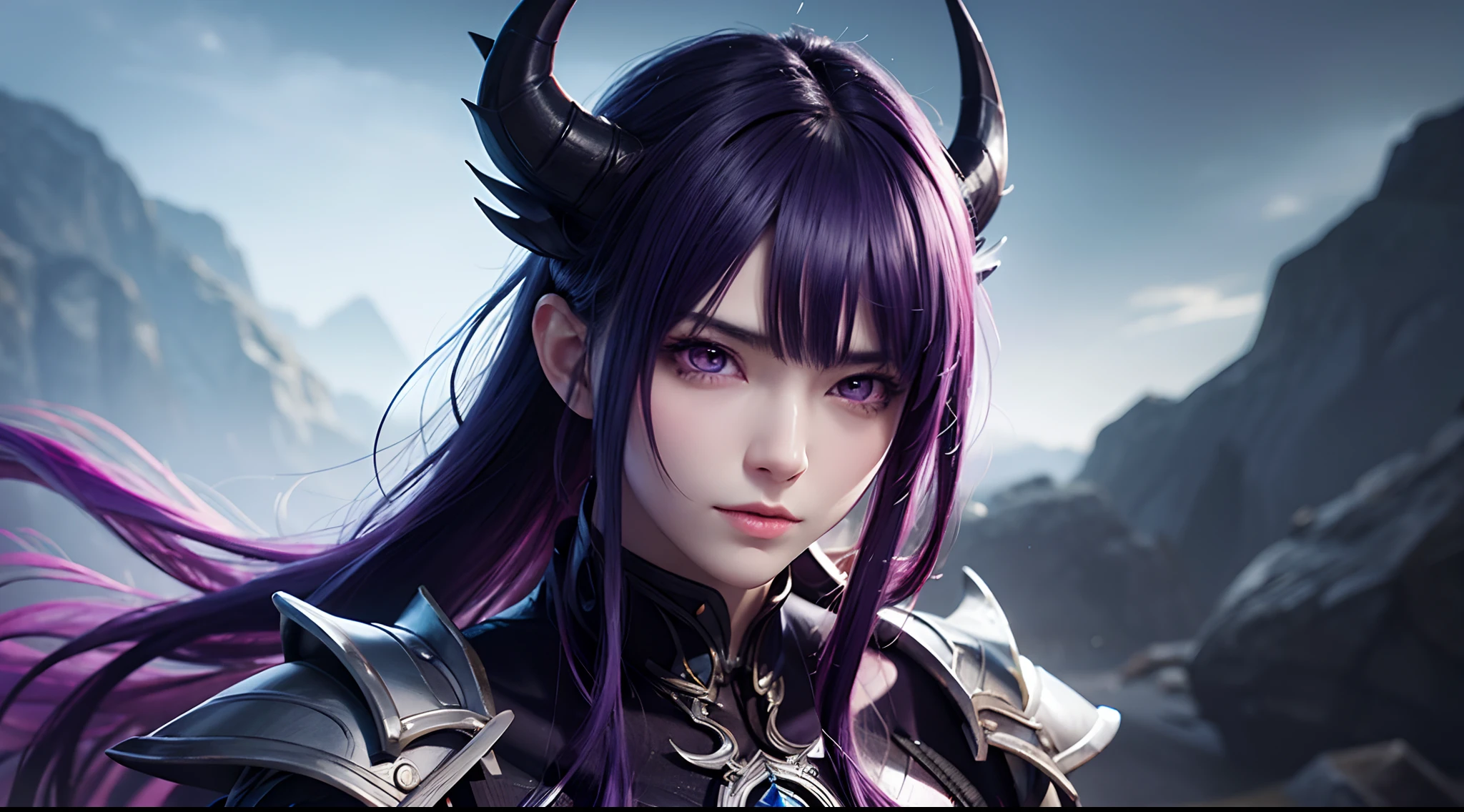 Extremely detailed artwork, best quality, 8k: Anime character with purple hair and glowing eyes against dark background, handsome guy in demon slayer art, epic fantasy art style epic, badass anime 8k, epic fantasy digital art style, detailed anime digital art, male demon human, portrait of the underworld , epic fantasy art style hd, expressive fierce 8k, male demon, extremely detailed artgerm.
