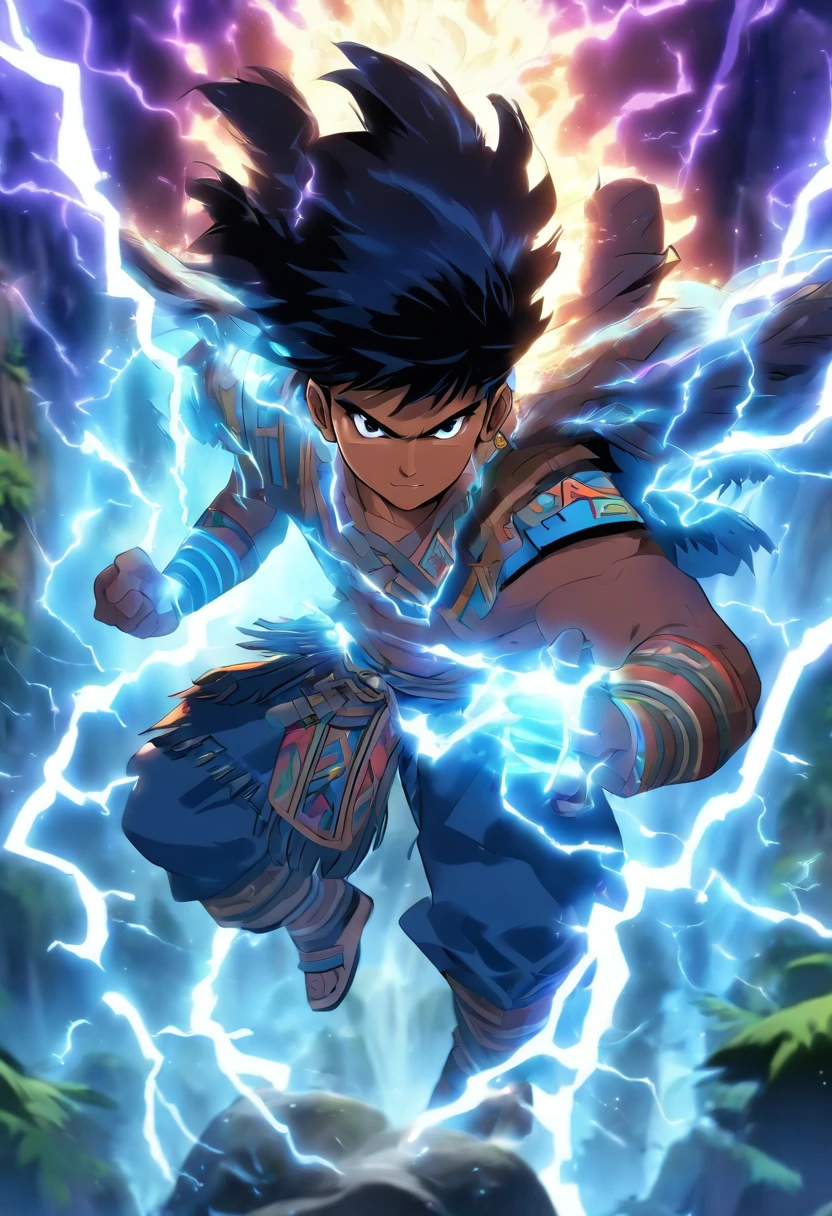 (((Peruvian man))) best quality, very high resolution, detailed CG in 4K, masterpiece, black hair, storm, blue thunder, Inca people, Inca tribes, Inca city, forest, aesthetics, beautiful image, centered on screen , whole body