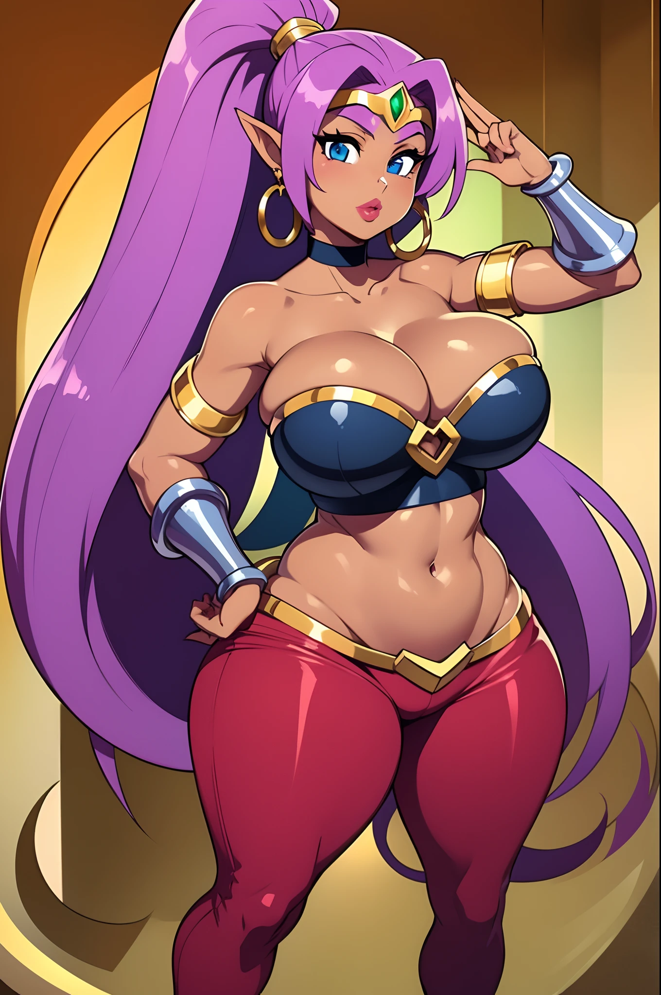 shantae, 1girl, ((bimbo))), long white hair, yellow eyes, dark skin, puffy lips, painted lips, thick lips, wide hips, thick thighs, huge fake breast, huge ass, erotic face , white , perky , shiny skin, breasts squeezed together, huge fake breasts, hand signs, AME_shantae_ownwaifu,long hair,purple hair,shantae,www.ownwaifu.com,dark skin,breasts,jewelry,earrings,very long hair,pointy ears,dark-skinned female,hoop earrings,pants,blue eyes,navel,ponytail,bracer,tiara,choker,cleavage,harem pants,bare shoulders,bandeau,o-ring,collarbone,o-ring top,red pants,midriff,forehead jewel,vest,black choker,large breasts,see-through,vambraces,high ponytail,thick thighs,circlet,standing, full body, feet