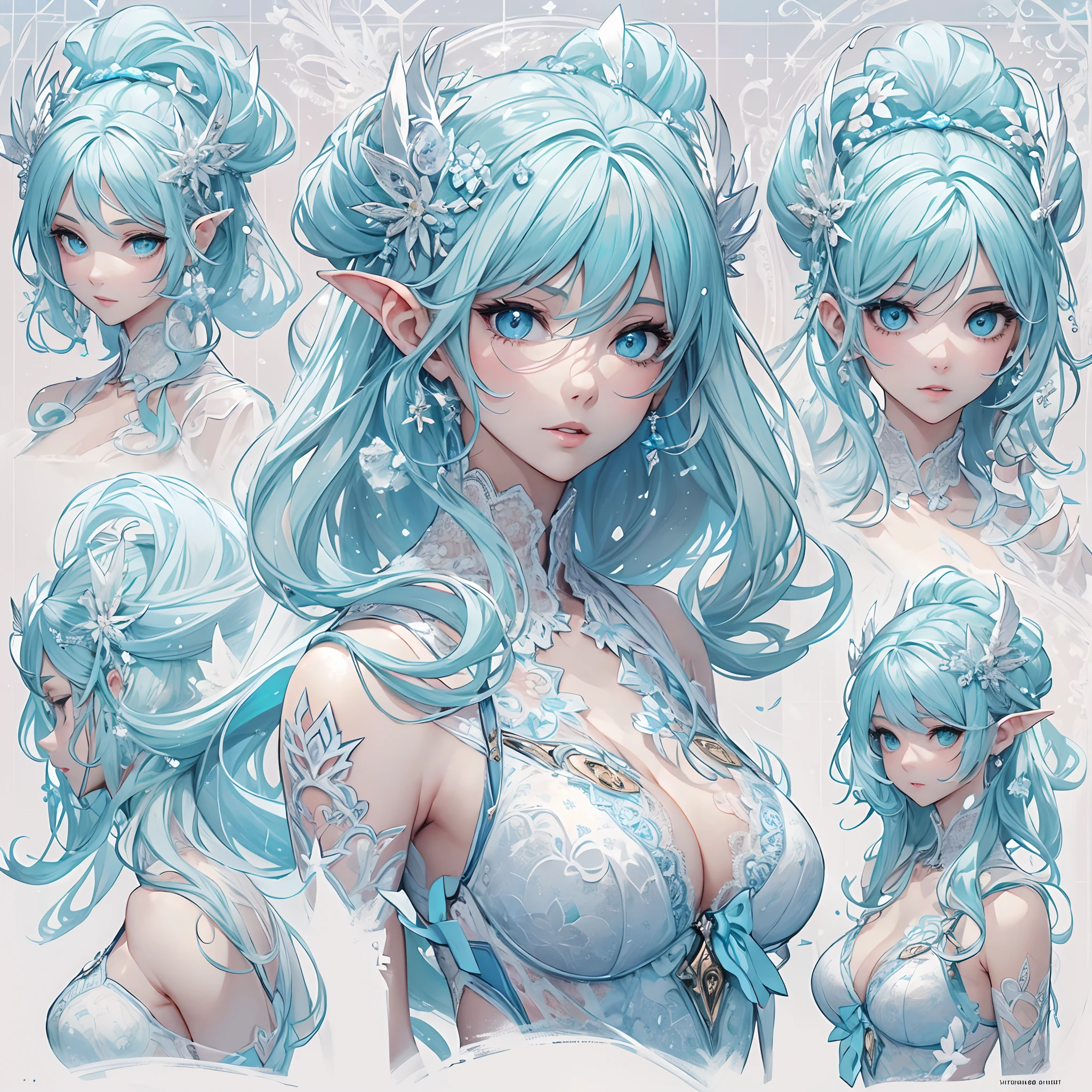 ((Masterpiece, Highest quality)), Detailed face, CharacterDesignSheet, full bodyesbian, Full of details, Multiple poses and expressions, Highly detailed, Depth, Many parts,maidennurse,White and blue-cyan,double-ponytail,estilo fantasia,Surrounded by waterlines,Ice and snow,Extremely beautiful,High Balance, Natural light, Lace,lacepantyhose,water ripple,The water is rippling