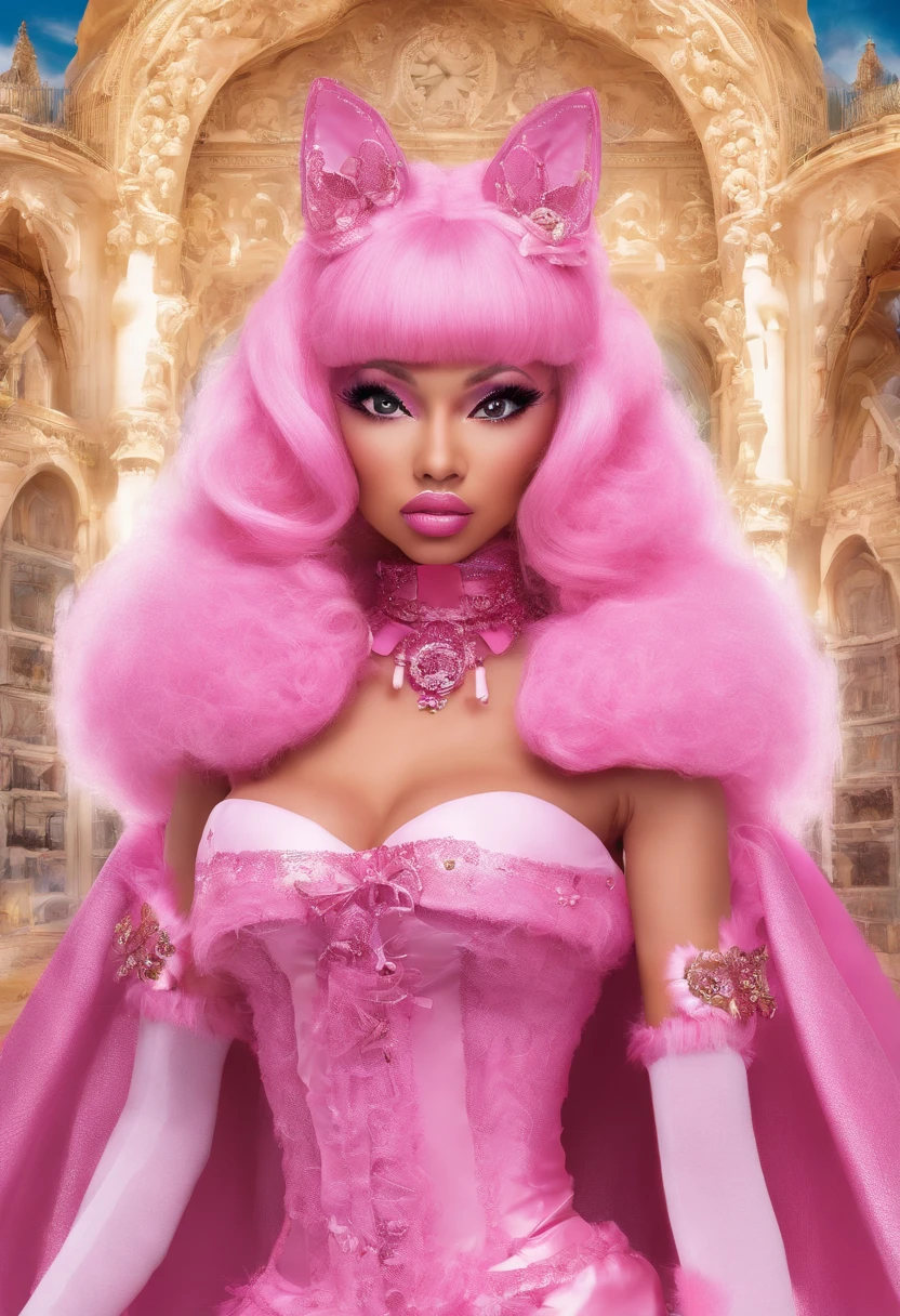 Nicki Minaj, pink fingernails, blonde hair, hot pink lipstick, making eye contact, tight pink stockings, overflowing thighs, looking down at her, hoop earings, embaressed, full body in frame, back view, even face, pvc cat suit, servant, cat ears, large fluffy cat tail, fluffy legwarmers, fluffy cuffs