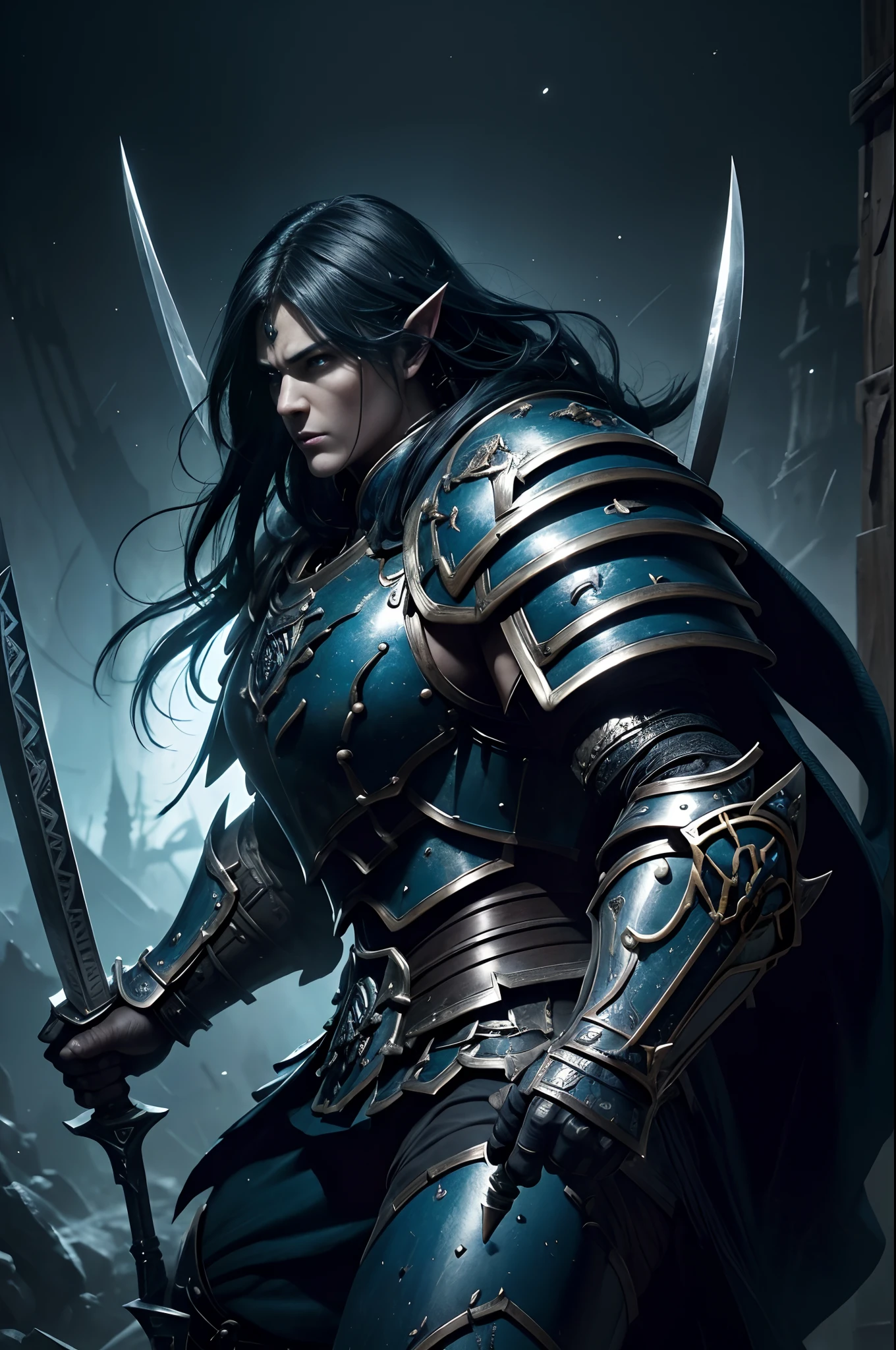 8K分辨率(full bodyesbian:1.3)shots、Big muscular woman splash art、Fantastic Comics Styles、Photorealistic and intense look、Anatomical photorealistic digital painting(lad:1.3)Human portrait(lad:1.3)Big muscular woman,Blue and black complex(heavily armored:1.3)and blue hair(Dark and moody universe:1.3)、Armament of long large spears,Bright particles、highlydetailed skin、swordsmen、extremely detailed eye、(Elden Ring-style:1.1)、(warhammer style:1.3)、Concept Artist、globalillumination、depth of fields、splashart、Art Germ and Gregglutkowski and Victoria Gavrilenko