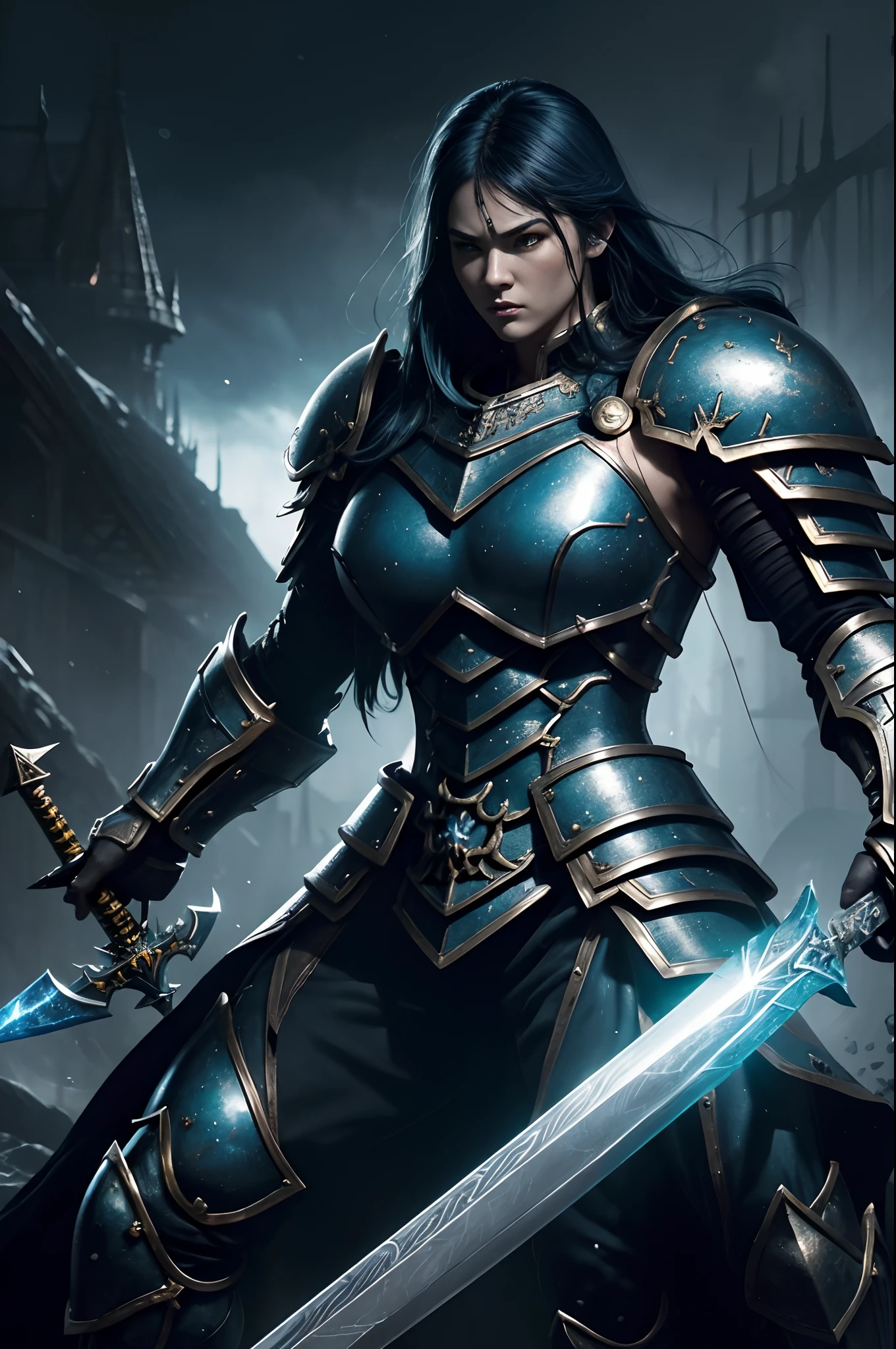 8K分辨率(full bodyesbian:1.3)shots、Big muscular woman splash art、Fantastic Comics Styles、Photorealistic and intense look、Anatomical photorealistic digital painting(lad:1.3)Human portrait(lad:1.3)Big muscular woman,Blue and black complex(heavily armored:1.3)and blue hair(Dark and moody universe:1.3)、Armament of long large spears,Bright particles、highlydetailed skin、swordsmen、extremely detailed eye、(Elden Ring-style:1.1)、(warhammer style:1.3)、Concept Artist、globalillumination、depth of fields、splashart、Art Germ and Gregglutkowski and Victoria Gavrilenko
