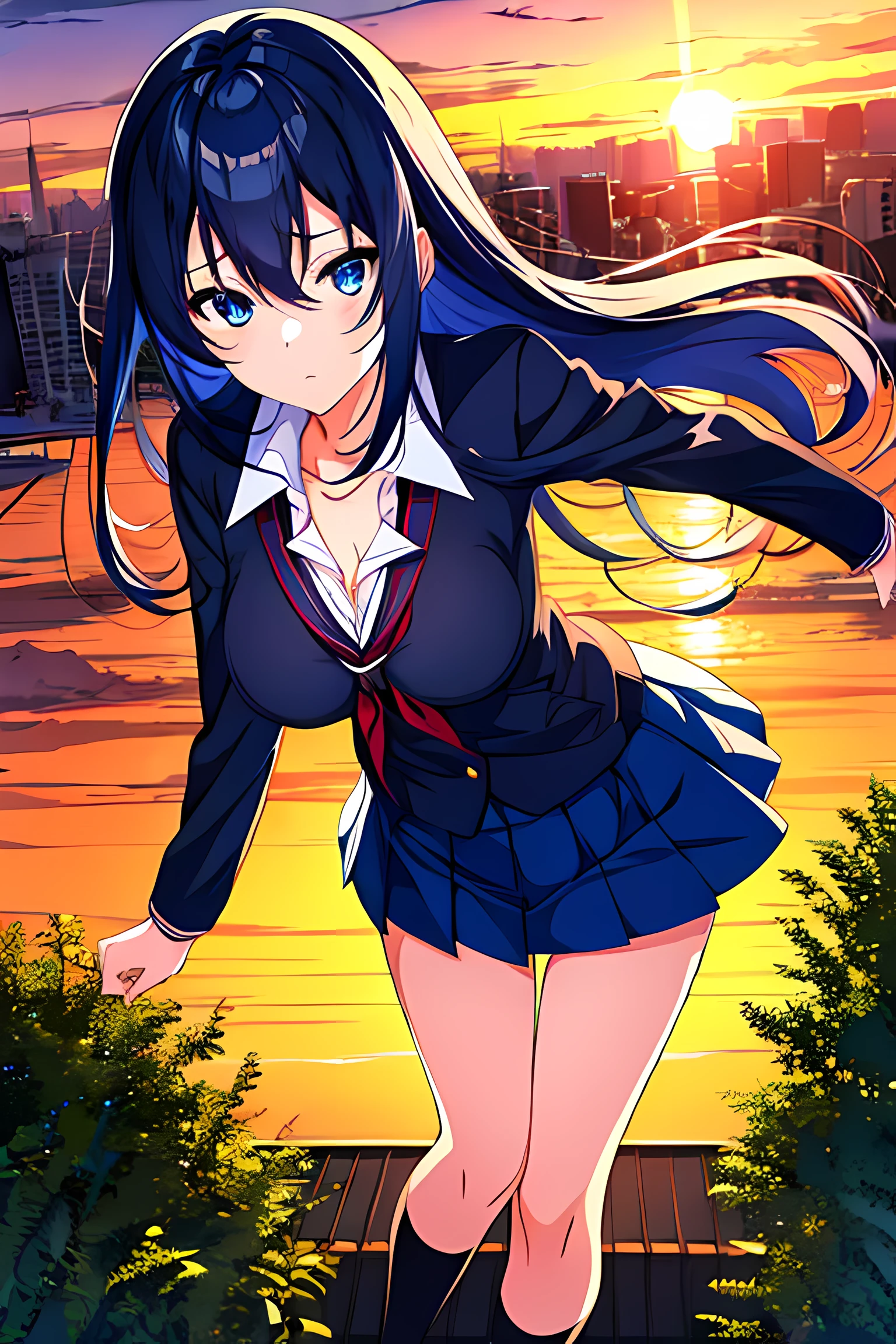 anime, 1girl, blue hair, blue eyes, unbuttoned school uniform, high black socks, roof, absurdres, high resolution, ultrasharp, 8K, masterpiece, looking at the sunset, nsfw