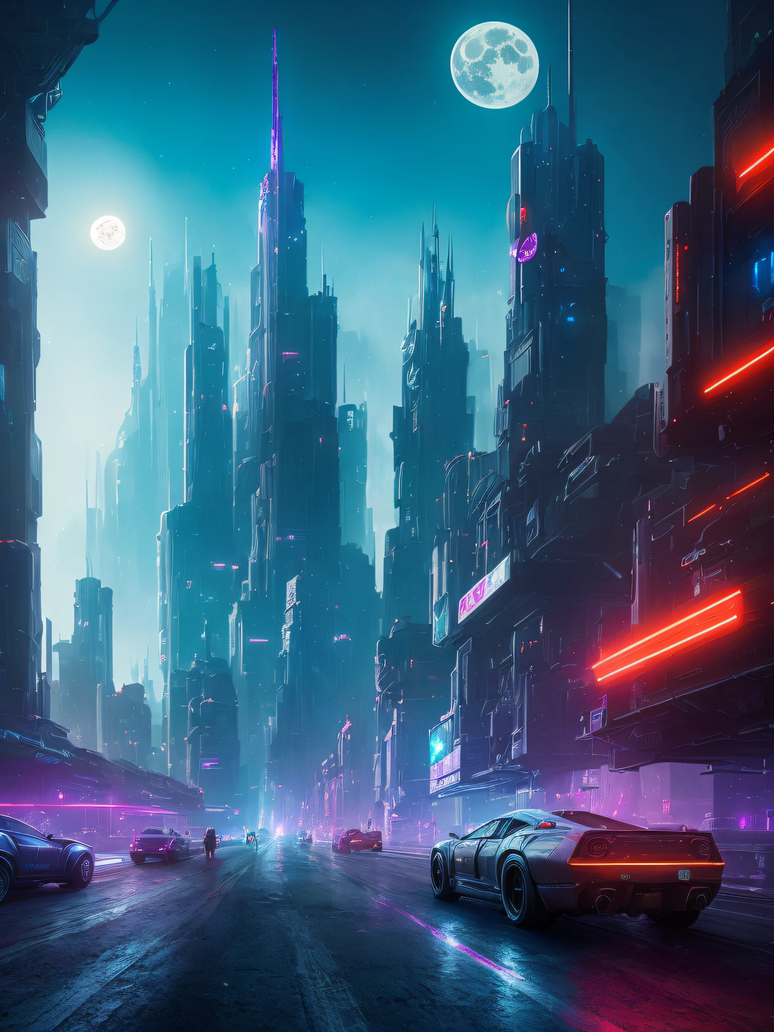 A futuristic city with neon lights and cars on the street - SeaArt AI