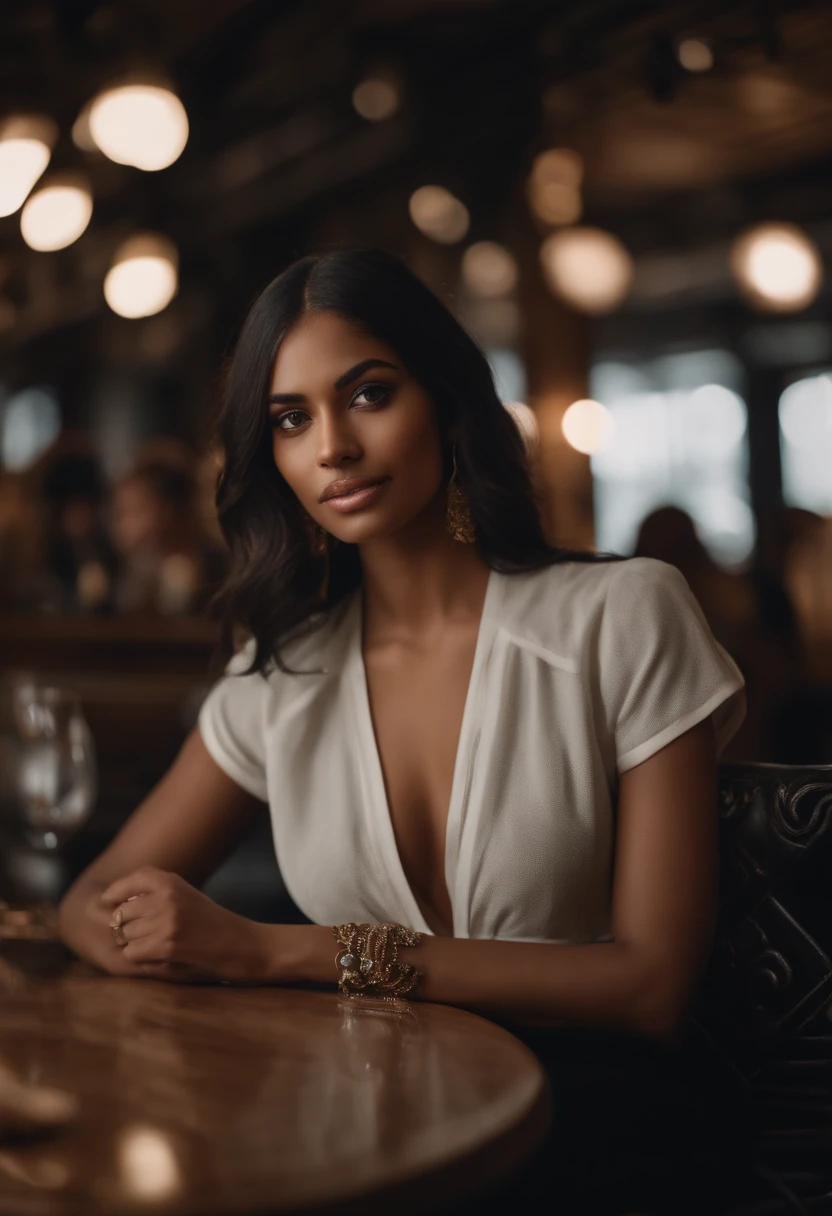 wearing one piece, in a cafe, closeup shot, full body, (high detailed skin:1.2),extremely detailed, 22 year old woman, 8k, with a man, High Detail, Sharp focus, modelshot, standing, black hair, indian woman, Wavy Cut with Curtain Bangs hairstyle, man standing beside her, fair skin, hdr, 4k, clear face
