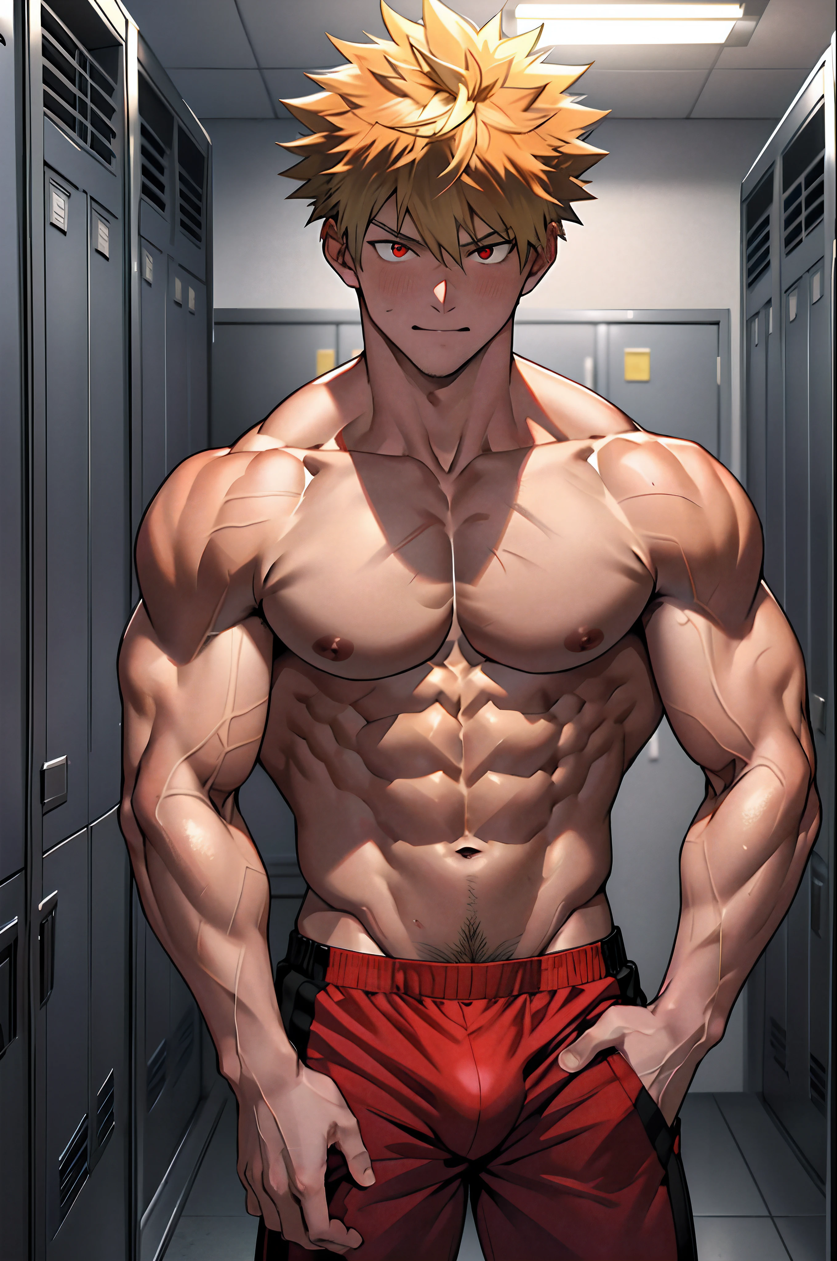 masterpiece, best quality red eyes, game cg, 1boy, solo, male focus, looking at viewer, upper body, bakugo katsuki, yellow longhair, tight red eyes, rushirtless, toned muscle, pectorals, 8 abs, toned legs, boxer briefs, slightly bulges, locker room, taking selfie, holding cellphone,