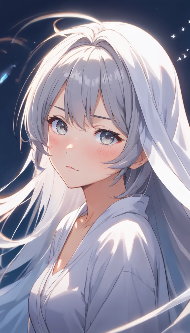Veil on head, gray veil, white hair, gray white, Guvez art style, arrogant and indifferent girl, half-squinted, white eyeballs, white eyes, national style, gray-white