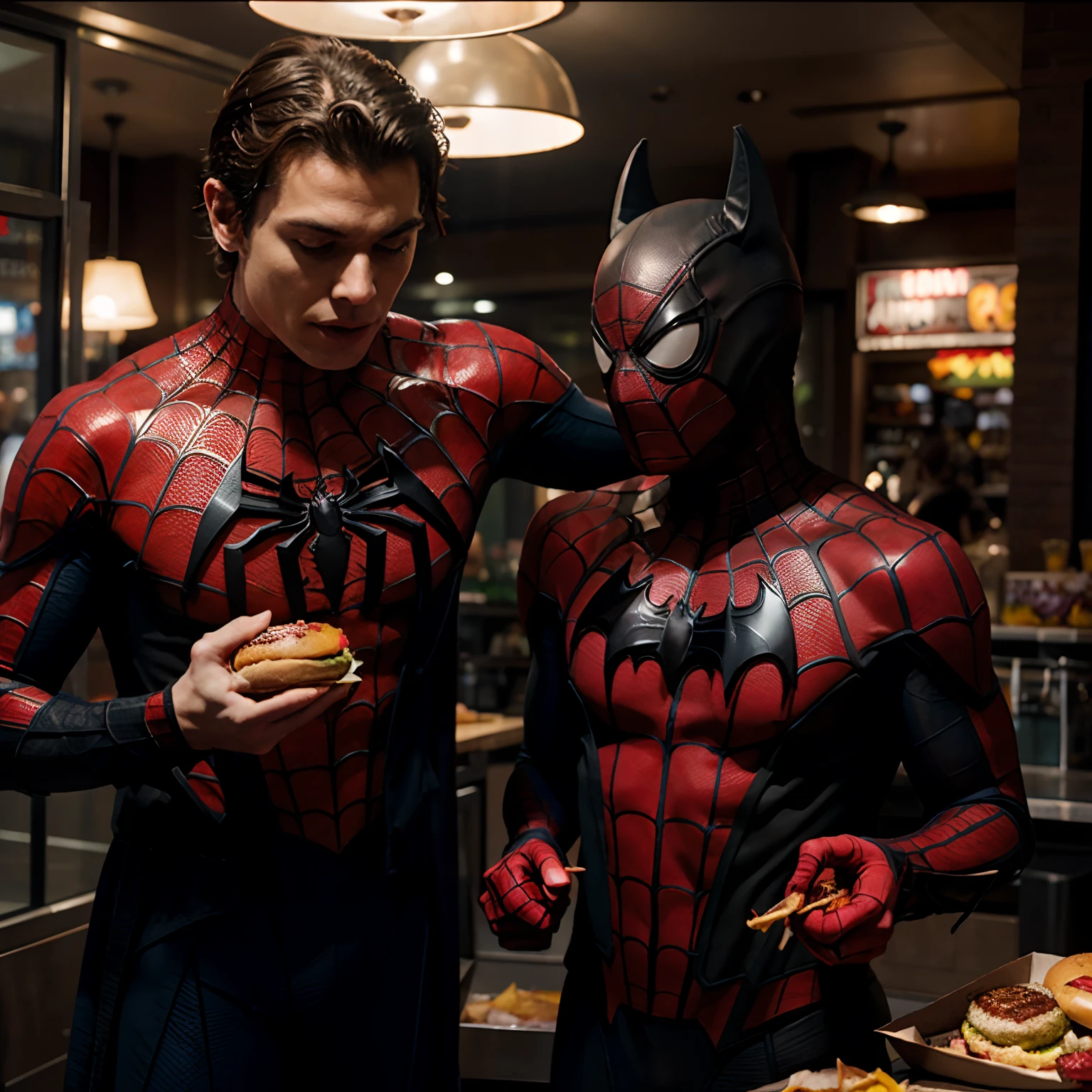 Spider-man with batman eating burger