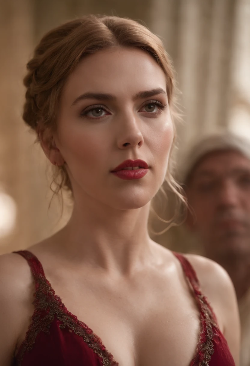 Scarlett Johansson en mode islamique moderne, hair a mess, chaud, (moite), Au lit, (Coussins en soie), bracelets en cuir rouge, Me Rivendell, Plein avant, Revealing breasts, sexy, Montrant, vissível , full body , breastfeed