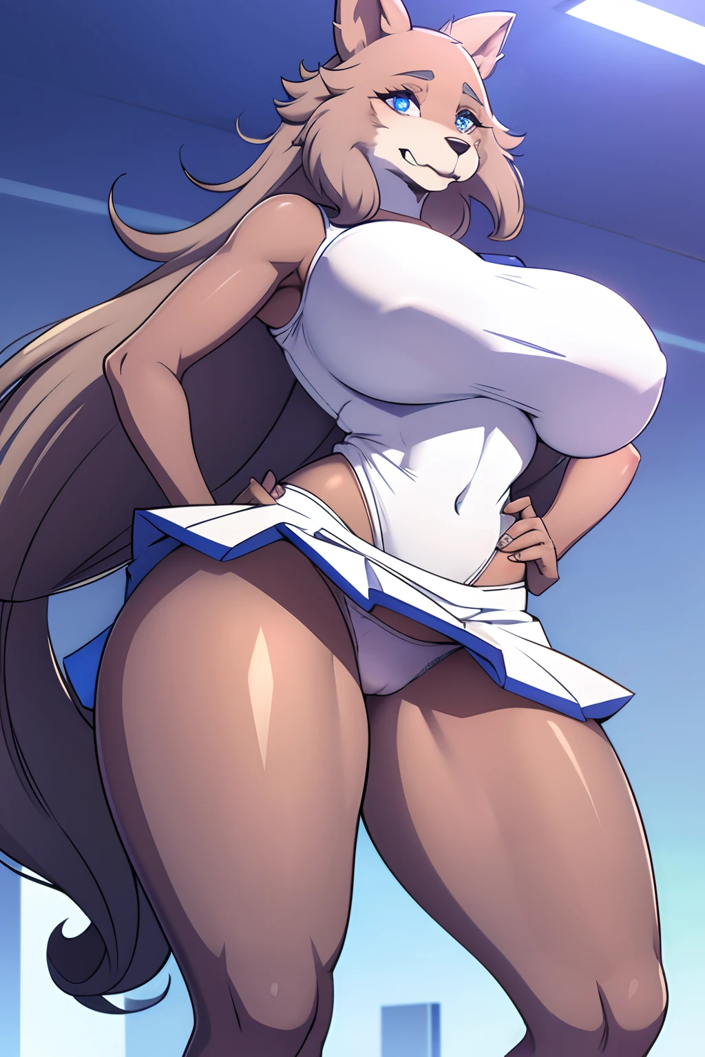Beastars art style, beastars, Juno, gray wolf, she Wolf, furry, long curly brown fur, blue eyes, wide hips, Big breasts, White skirt, panties, White top,