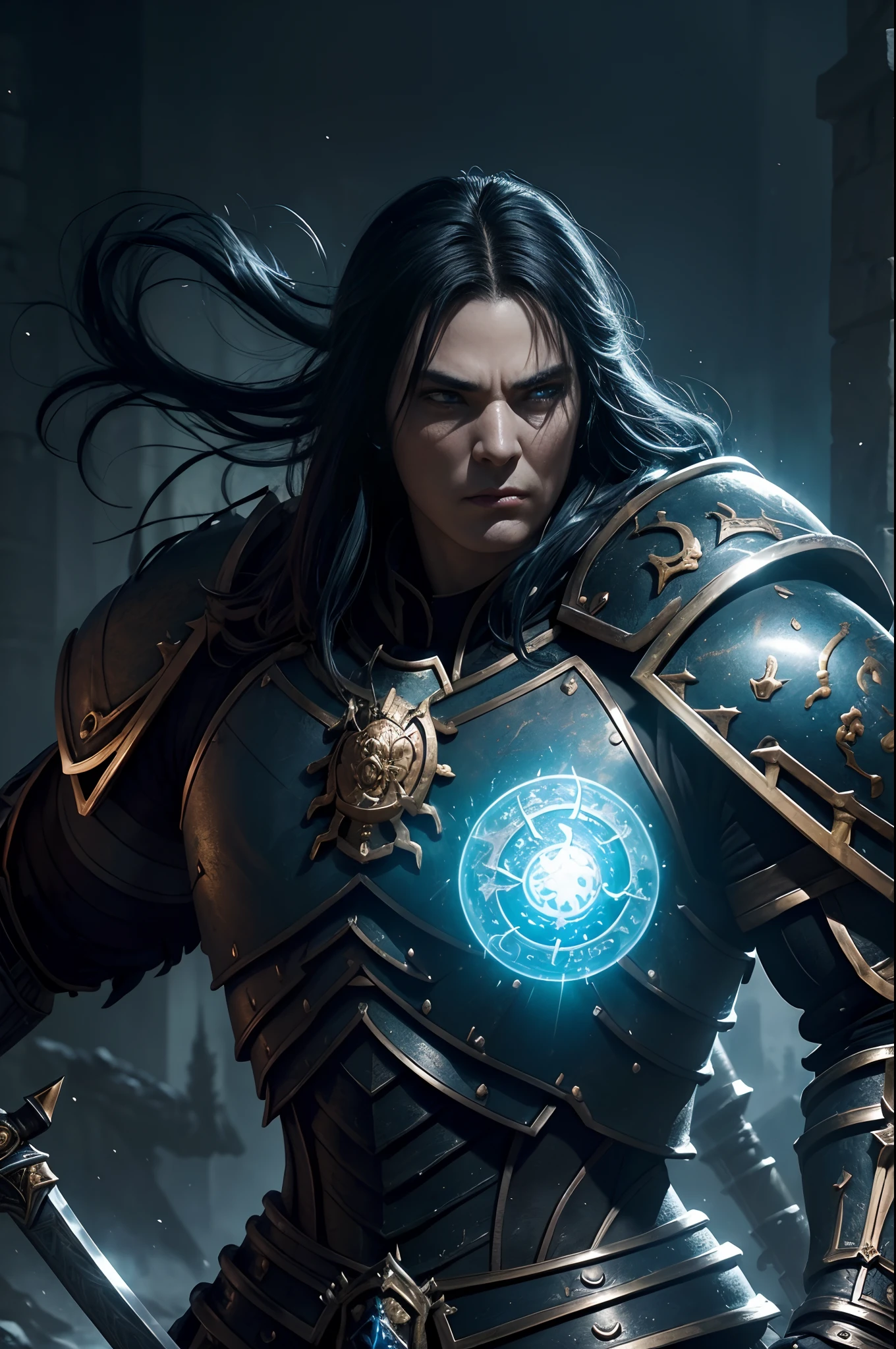 8K分辨率(full bodyesbian:1.3)shots、Big muscular woman splash art、Fantastic Comics Styles、Photorealistic and intense look、Anatomical photorealistic digital painting(lad:1.3)Human portrait(lad:1.3)Sexy big muscular woman,Blue and black complex(heavily armored:1.3)and blue-haired woman(Dark and moody universe:1.3)、Armament of long large spears,Bright particles、highlydetailed skin、swordsmen、extremely detailed eye、(Elden Ring-style:1.1)、(warhammer style:1.3)、Concept Artist、globalillumination、depth of fields、splashart、Art Germ and Gregglutkowski and Victoria Gavrilenko
