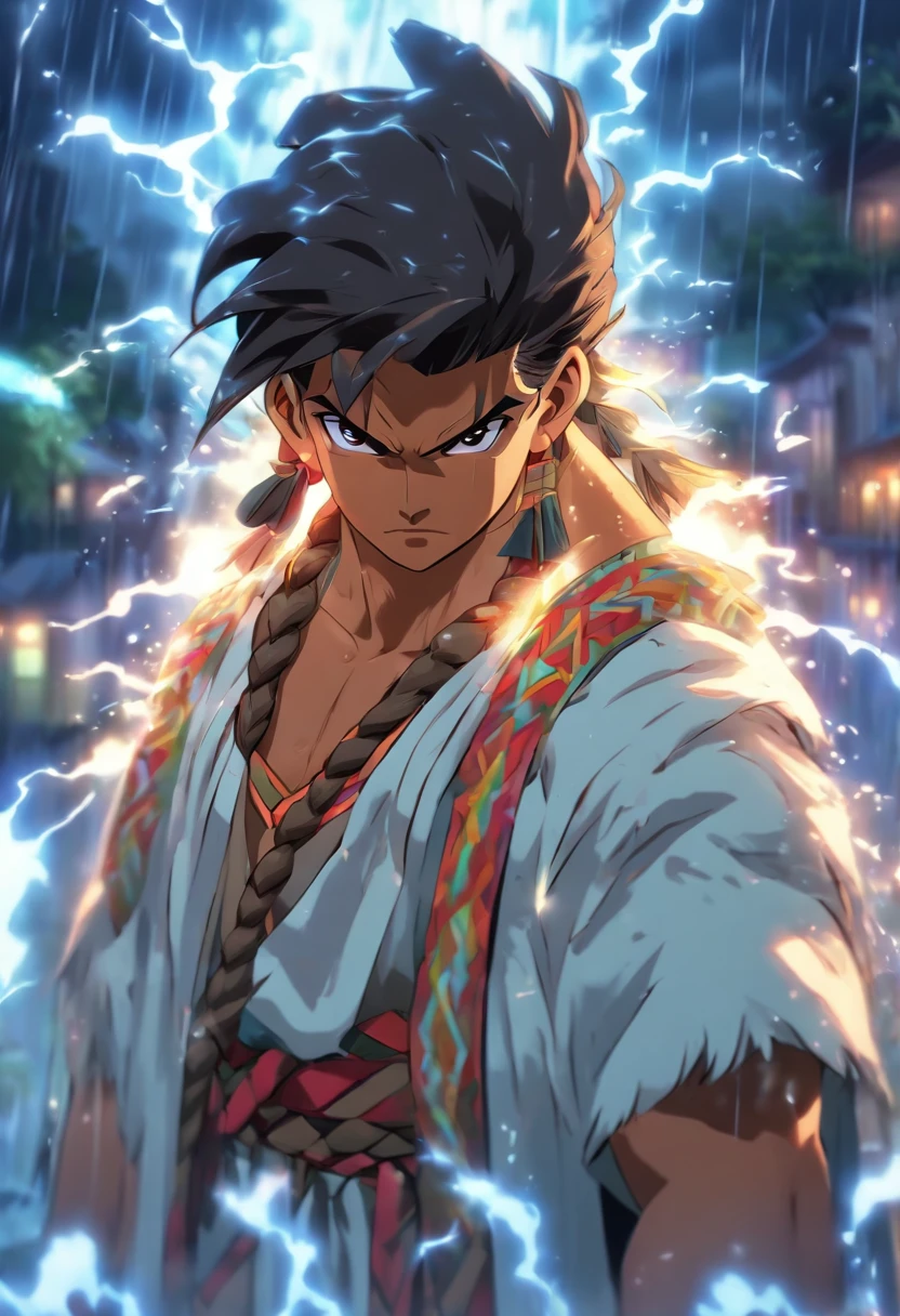 (((Peruvian man))) best quality, very high resolution, detailed CG in 4K, masterpiece, white clothes, rain, storm, Inca people, Inca tribes, Inca city, forest, aesthetics, beautiful image, centered on the screen, whole body
