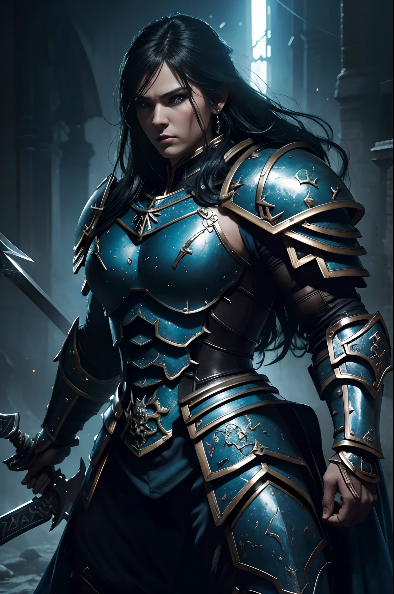8K分辨率(full bodyesbian:1.3)shots、Big muscular woman splash art、Fantastic Comics Styles、Photorealistic and intense look、Anatomical photorealistic digital painting(lad:1.3)Human portrait(lad:1.3)Sexy big muscular woman,Blue and black complex(heavily armored:1.3)and blue-haired woman(Dark and moody universe:1.3)、Armament of long large spears,Bright particles、highlydetailed skin、swordsmen、extremely detailed eye、(Elden Ring-style:1.1)、(warhammer style:1.3)、Concept Artist、globalillumination、depth of fields、splashart、Art Germ and Gregglutkowski and Victoria Gavrilenko
