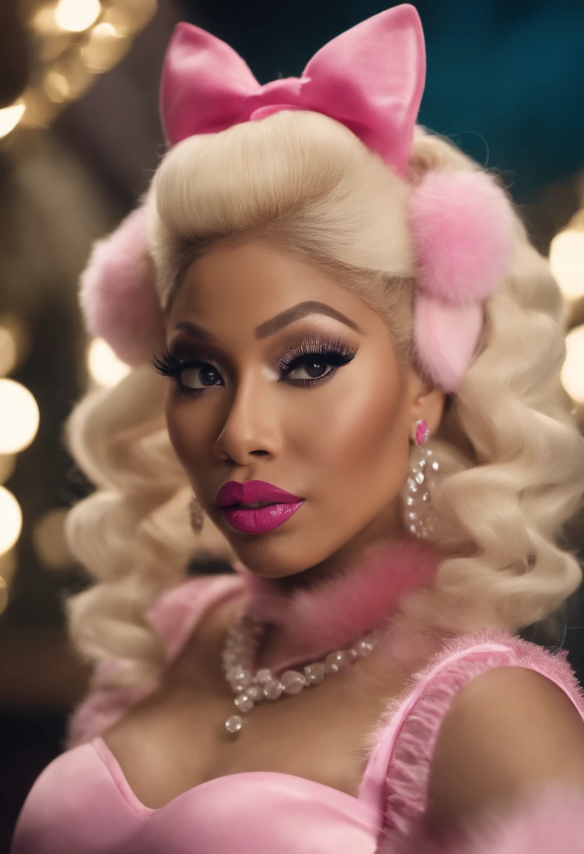 Nicki Minaj in maid costume, pink fingernails, blonde hair, hot pink lipstick, making eye contact, tight pink stockings, large curvy thighs, looking down at her, hoop earings, embaressed, full body in frame, even face, servant, cat ears, large fluffy cat tail, short skirt, fluffy legwarmers, fluffy cuffs,